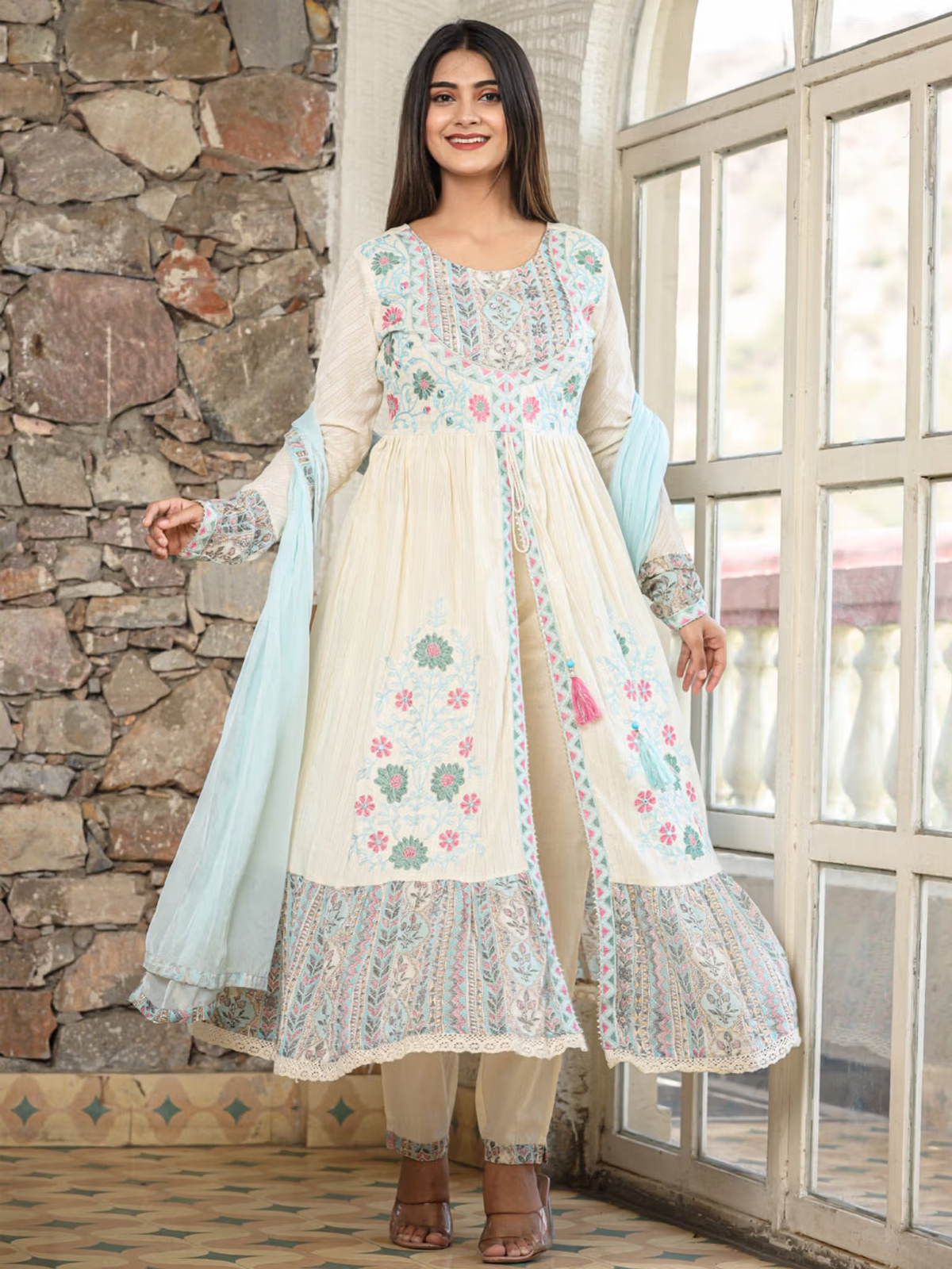 Floral Anarkali Kurta Pants Set with Dupatta | M