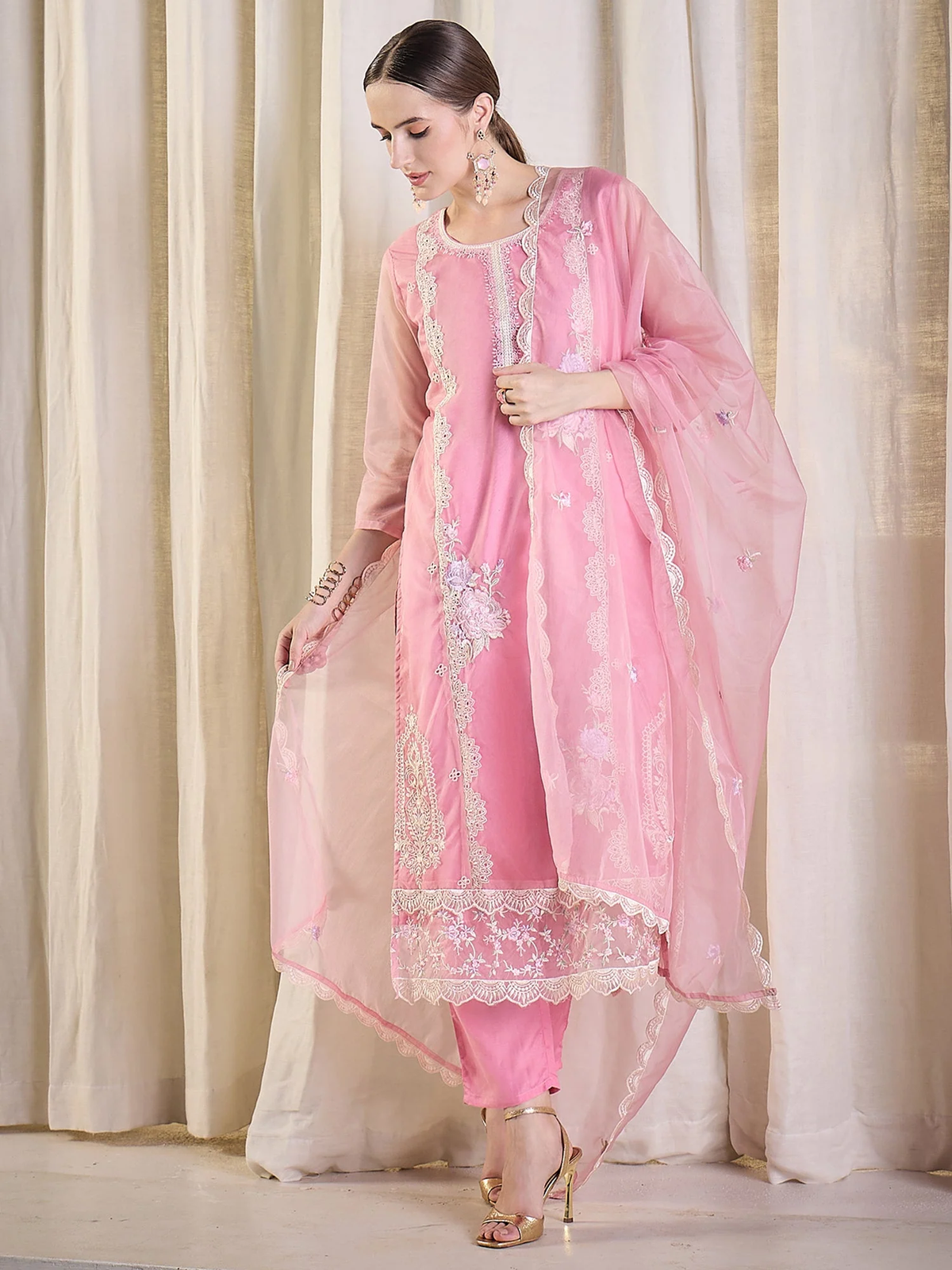 Pink Embroidered Organza Straight Suit Set with Trousers & Dupatta
