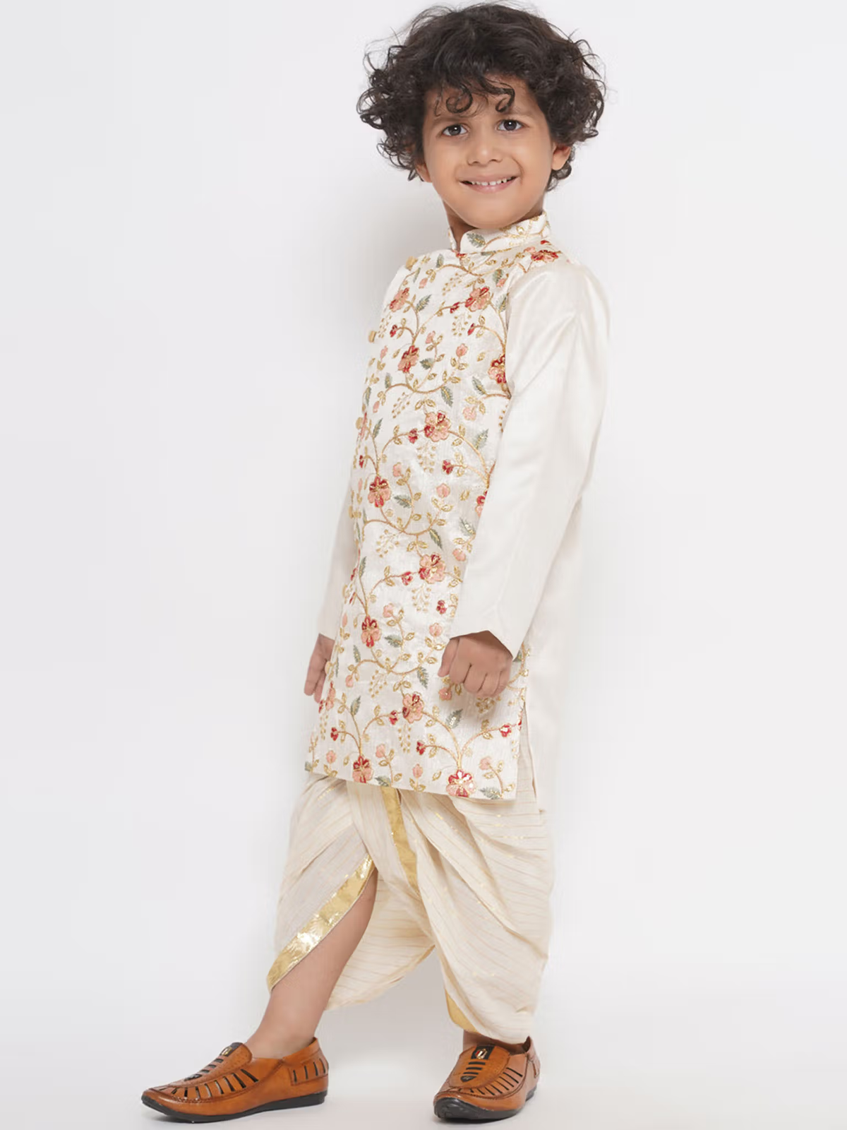 Boys Cream Floral Sherwani with Dhoti (Set of 2)