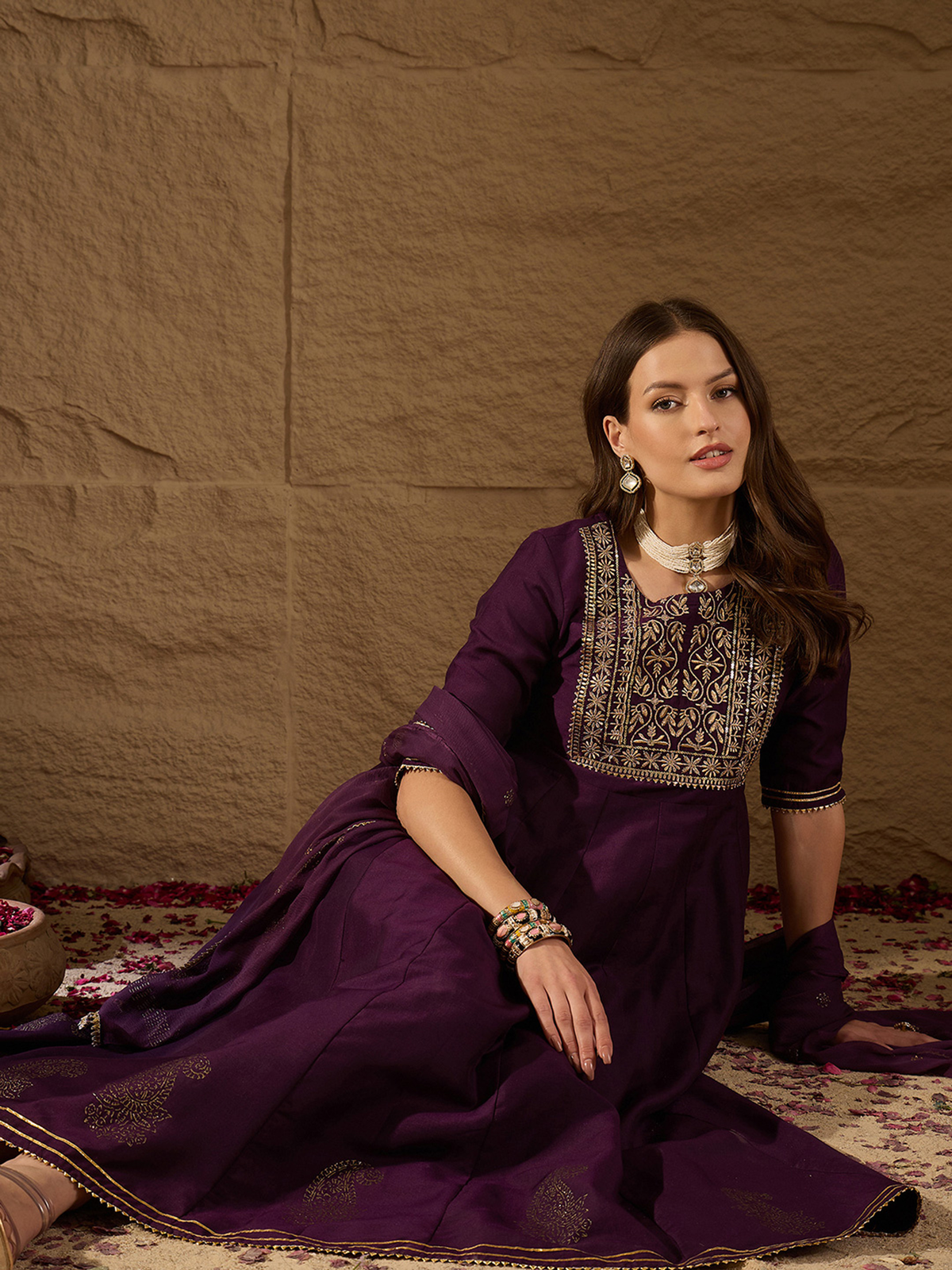 Embroidered Zari Empire Jacquard Kurta With Trouser And Dupatta