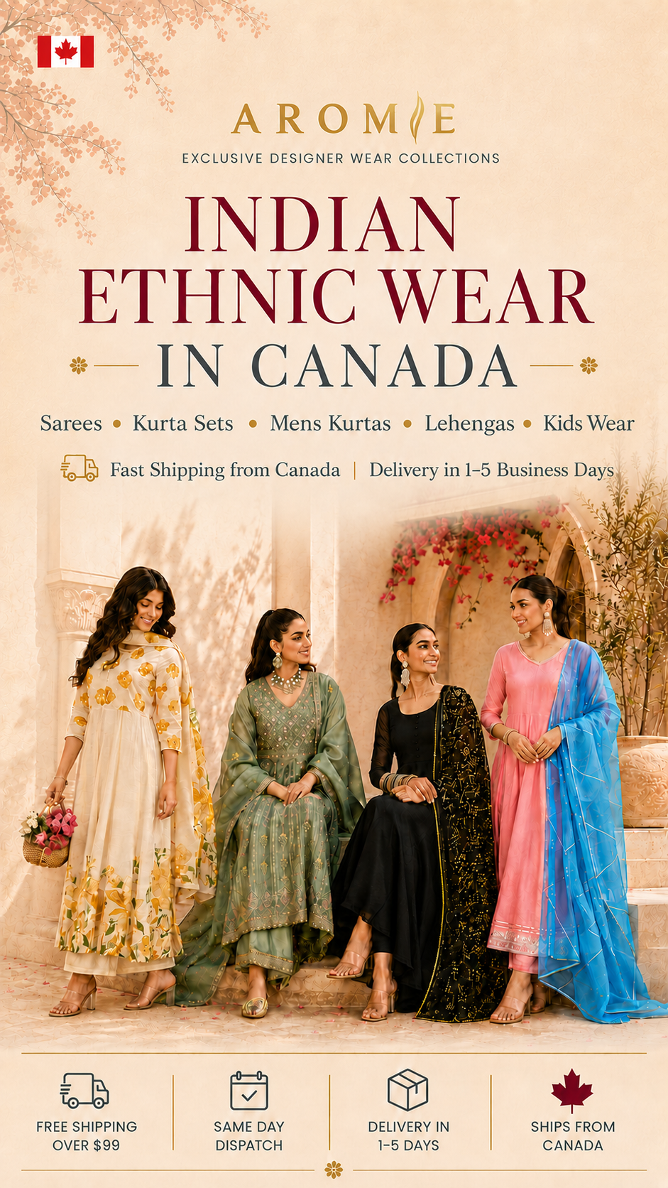 Advertisement for Arome, featuring four women in traditional Indian attire with promotional text about their clothing brand.