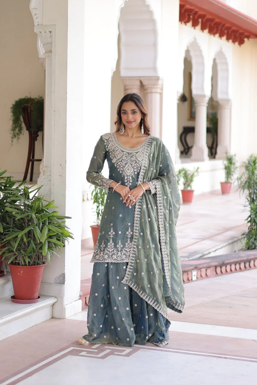 Fendi Silk Embroidered Kurta Sharara Set with Dupatta
