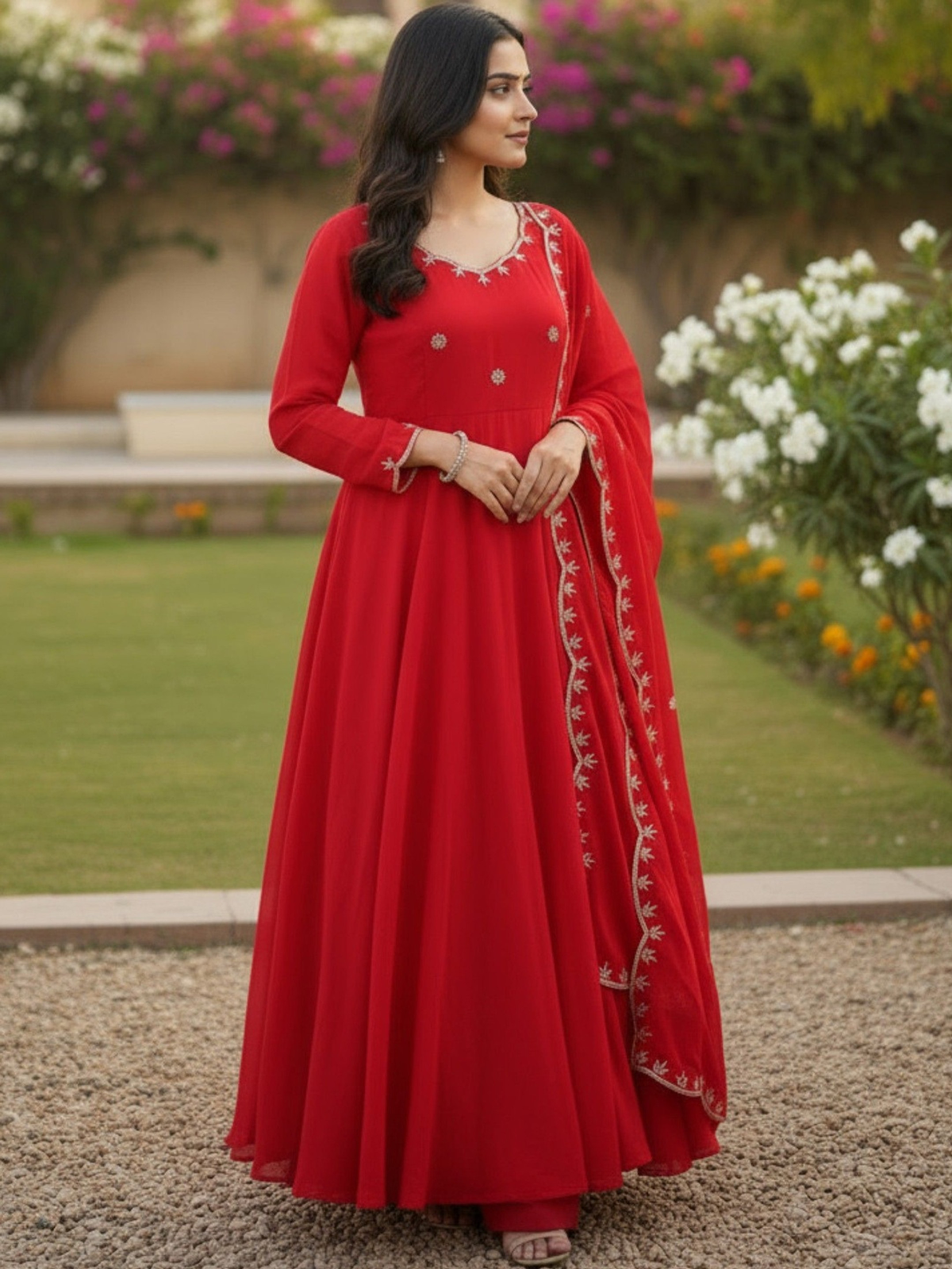 Embroidered Anarkali Kurta & Trousers With Dupatta