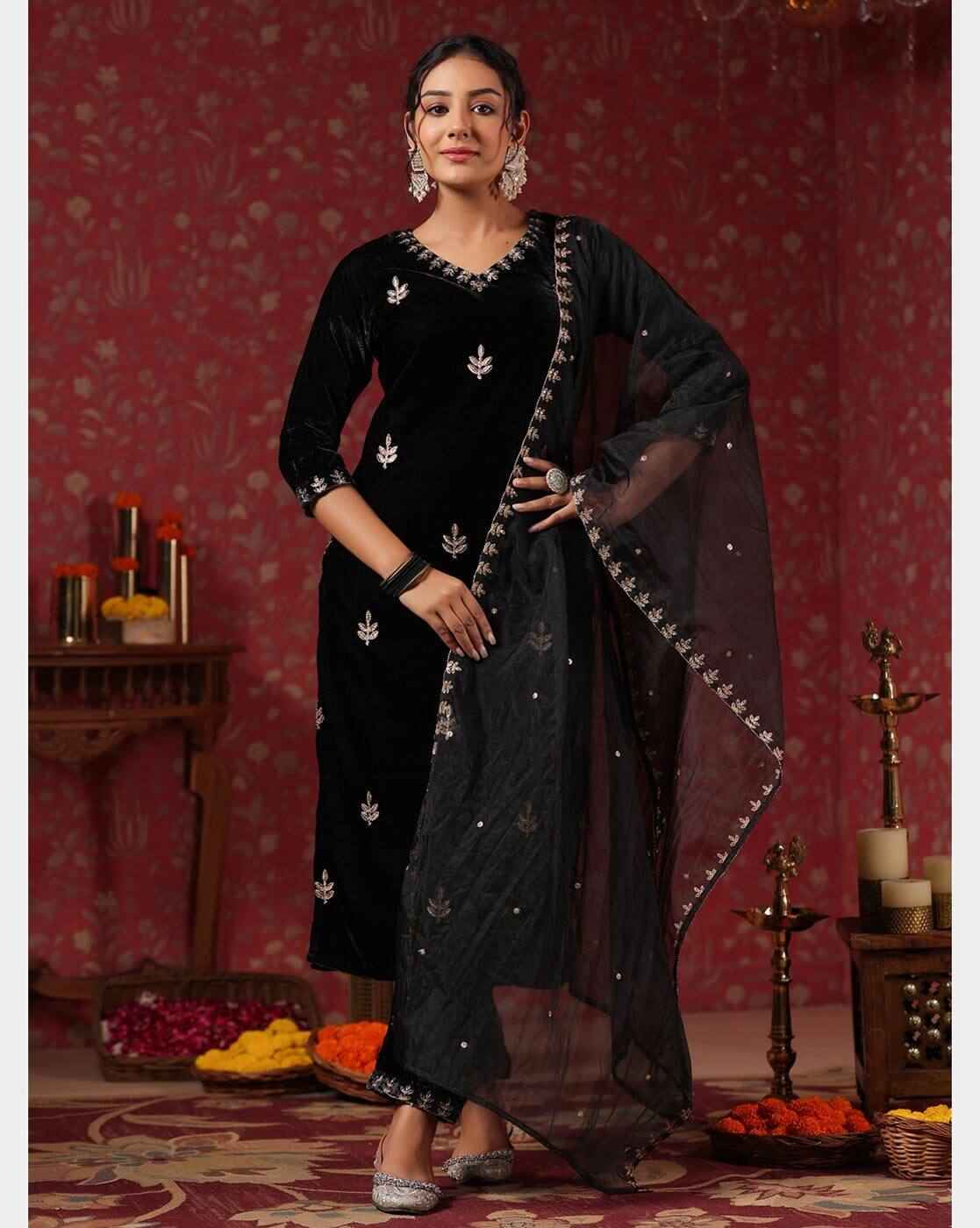 Aromie black three piece kurtha with silver embroidered motifs and sheer dupatta Embroidered Anarkali Kurta Canada
