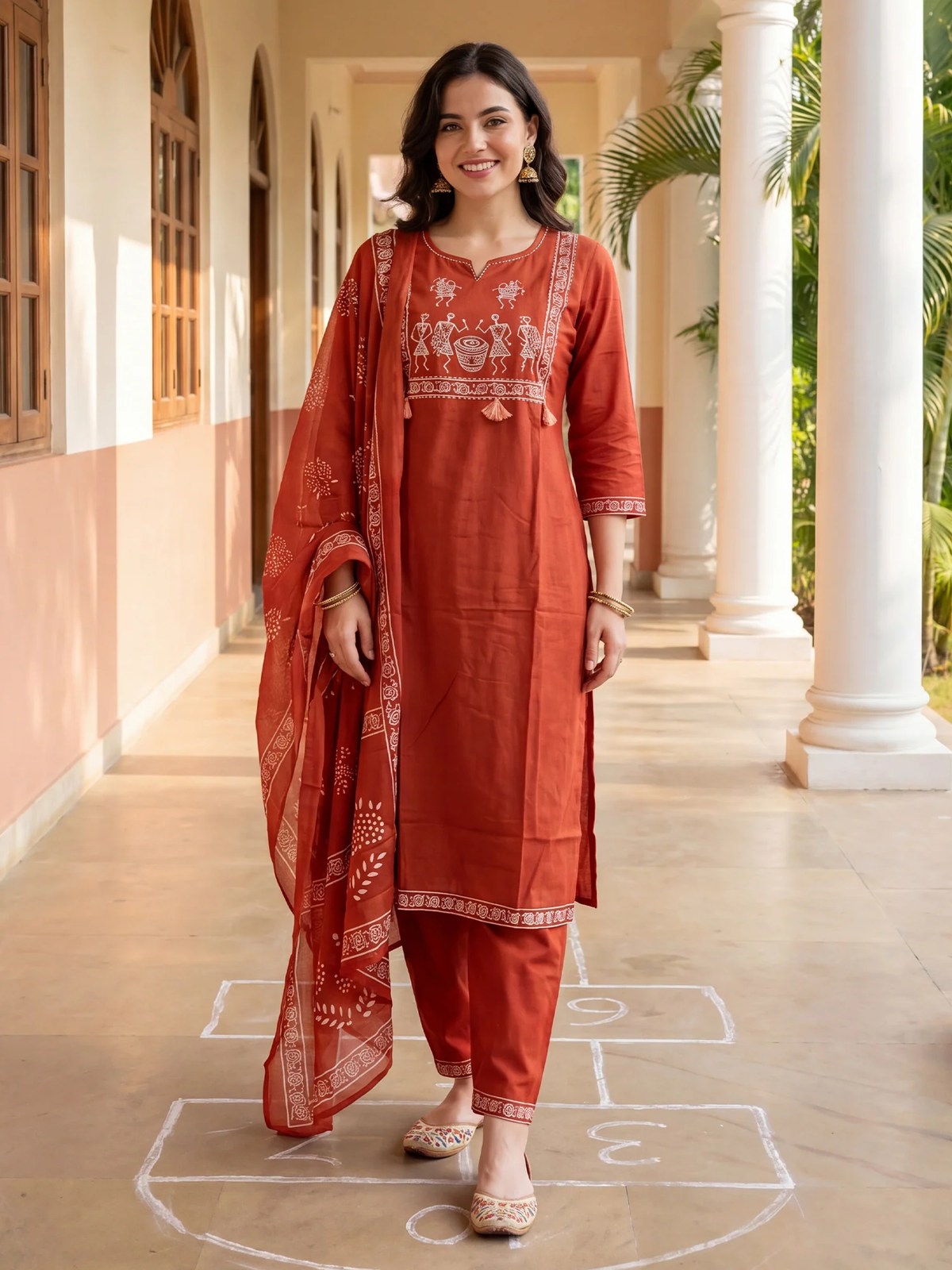 Woman in a red traditional outfit standing in a sunlit corridor with columns and plants.
