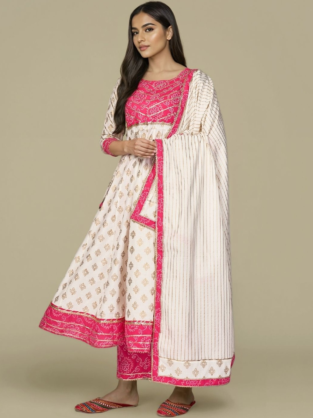 Women’s Beige Bandhani Print Anarkali Kurta Pant Set with Dupatta