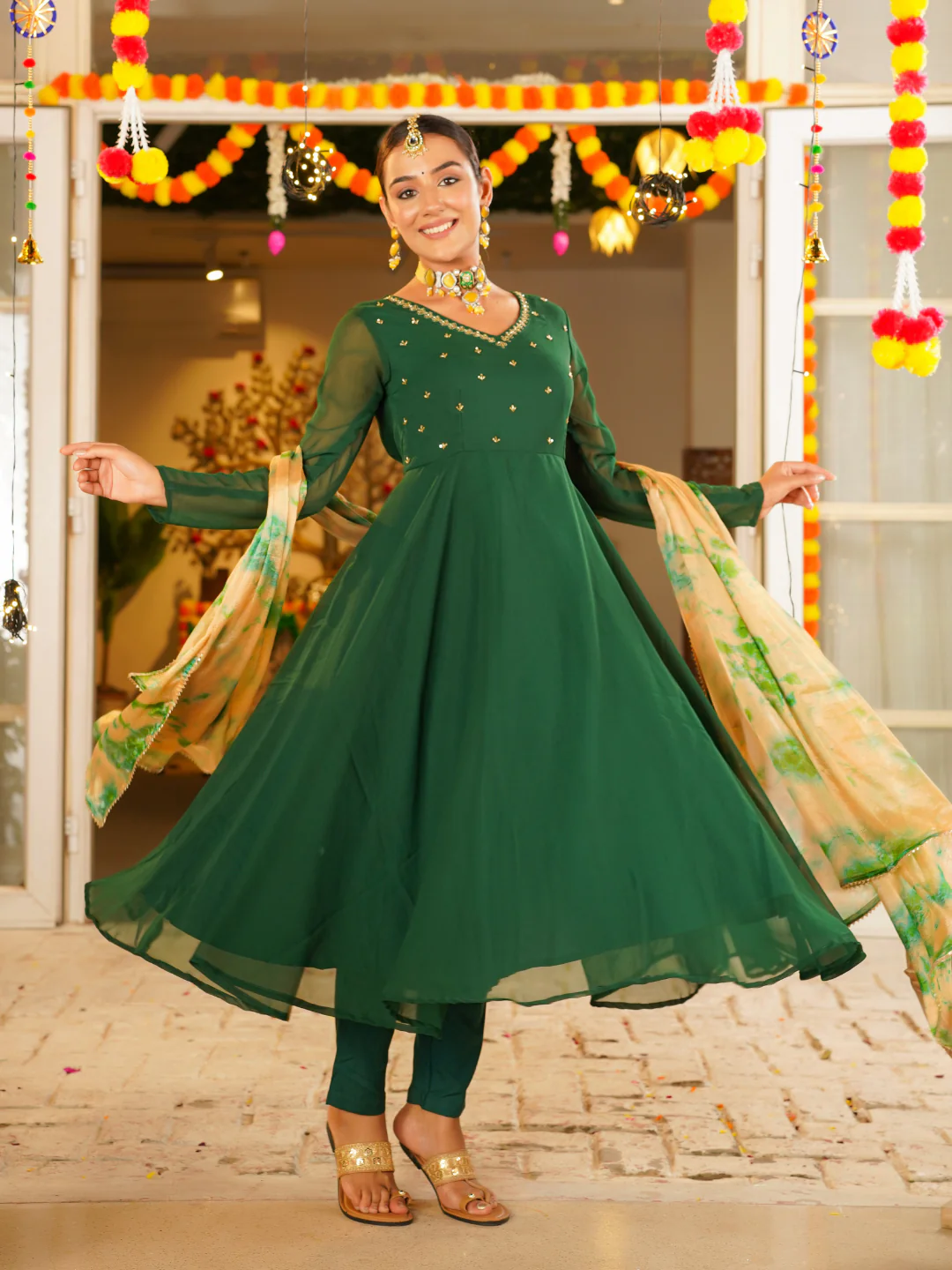 Zarreen Handwork Anarkali Set – Olive Green