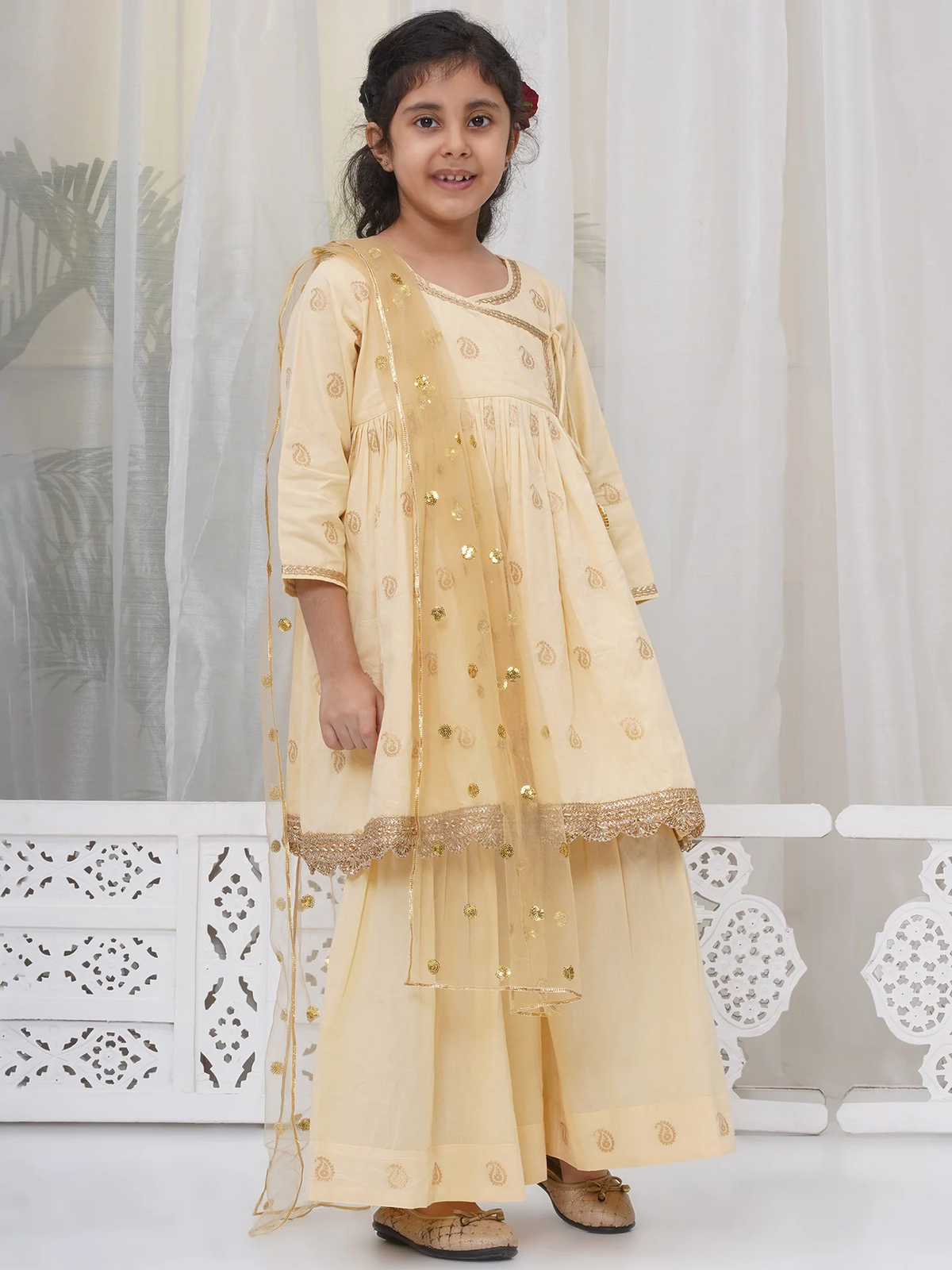 Little Bansi Girls Cotton Three Fourth Sleeves Angrakha Kurta with Sharara and Net Dupatta with Paisley Design Zari Work- Dutch Cream