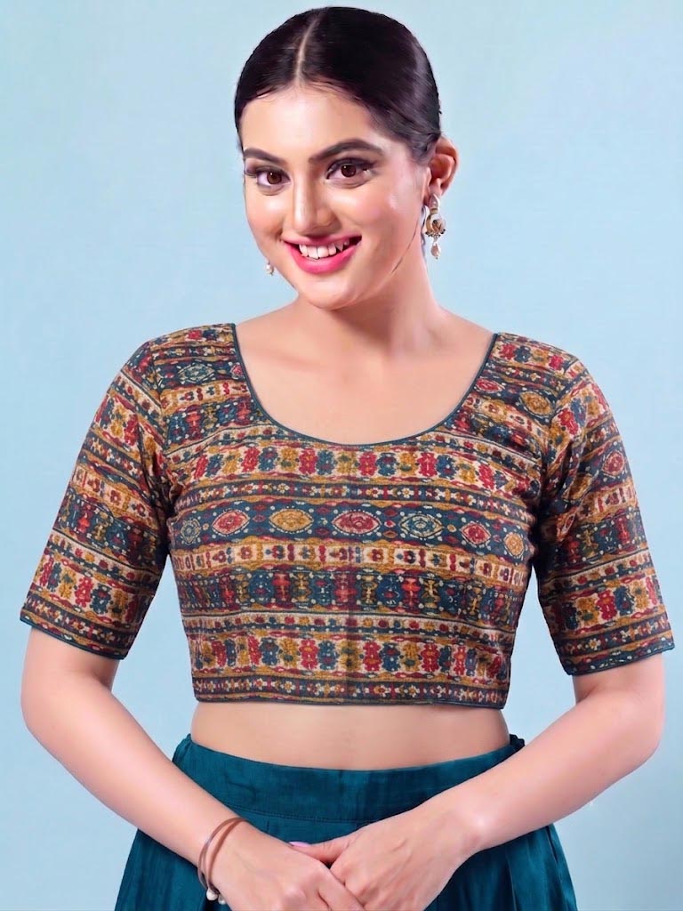 Navy Blue Multicolour Printed Stretchable Saree Blouse