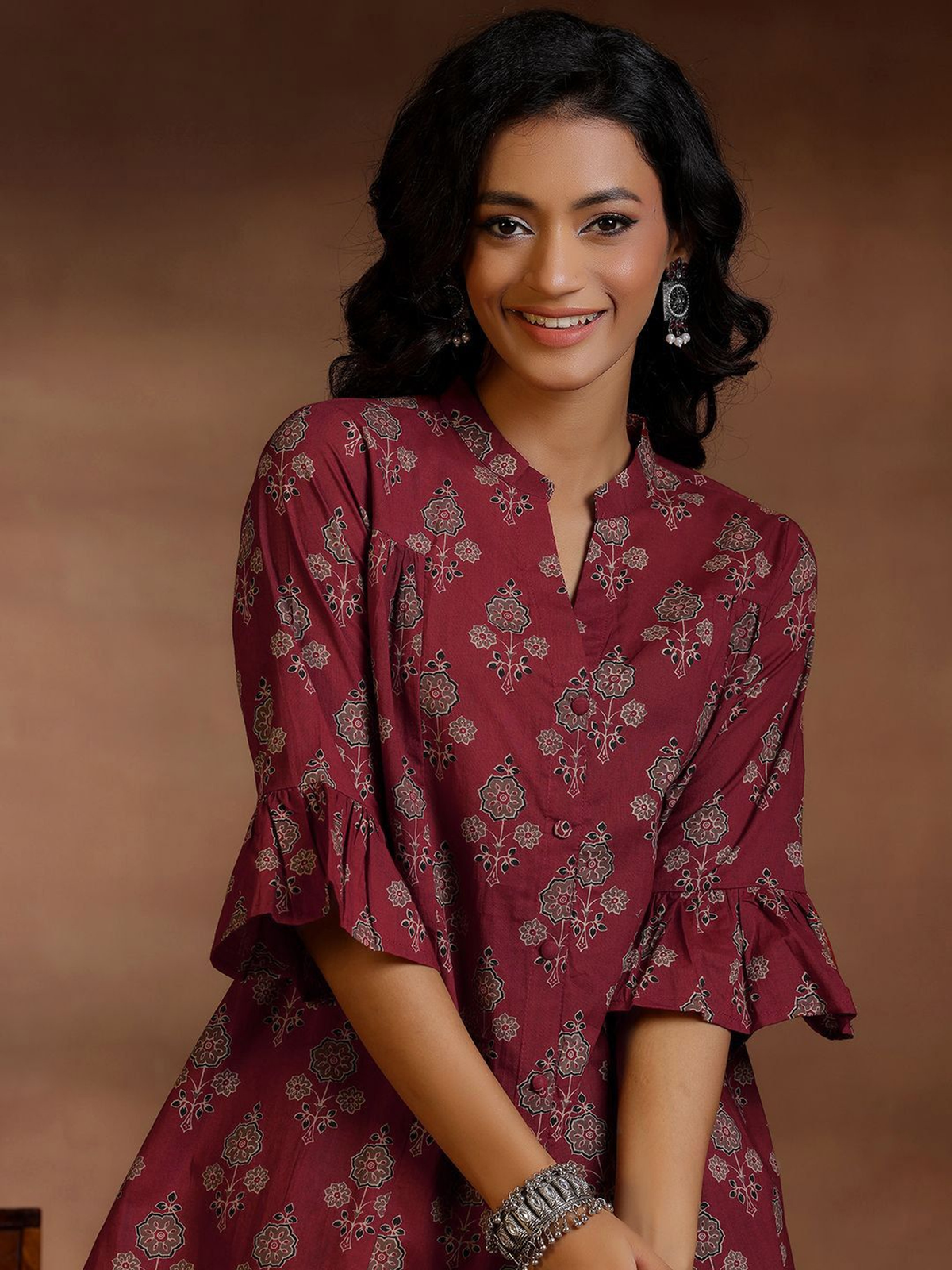 Product title: Women’s Maroon & White Floral Print Cotton A-Line Kurti AROMIE.STORE