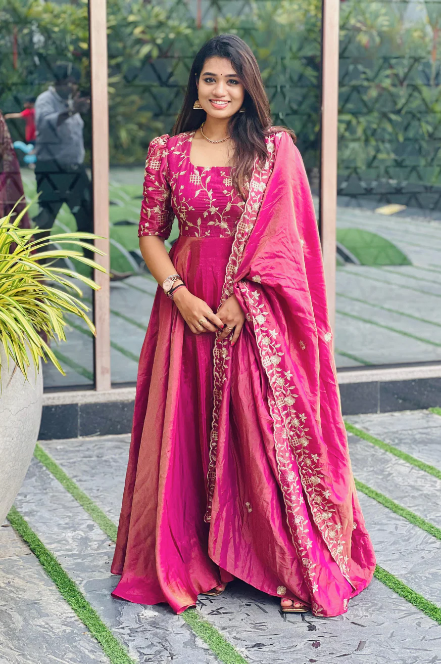 Beetroot Pink Zari Tissue Embroidered Anarkali with Scalloped Dupatta