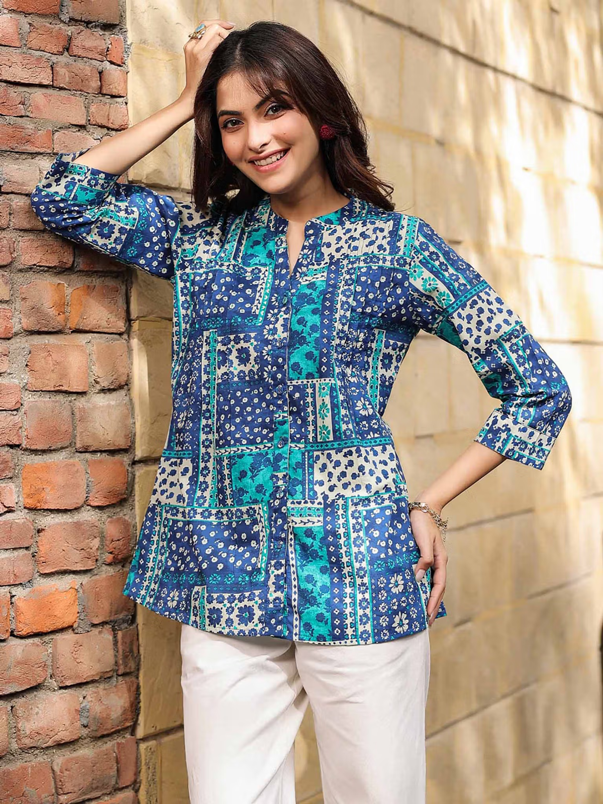 Aromie Fusion Wear Indian jumpsuit for women blue patchwork tunic with three quarter sleeves and white pants