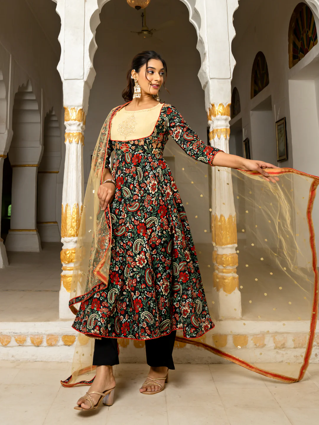 Cotton Anarkali Suit Set with Palazzo & Dupatta