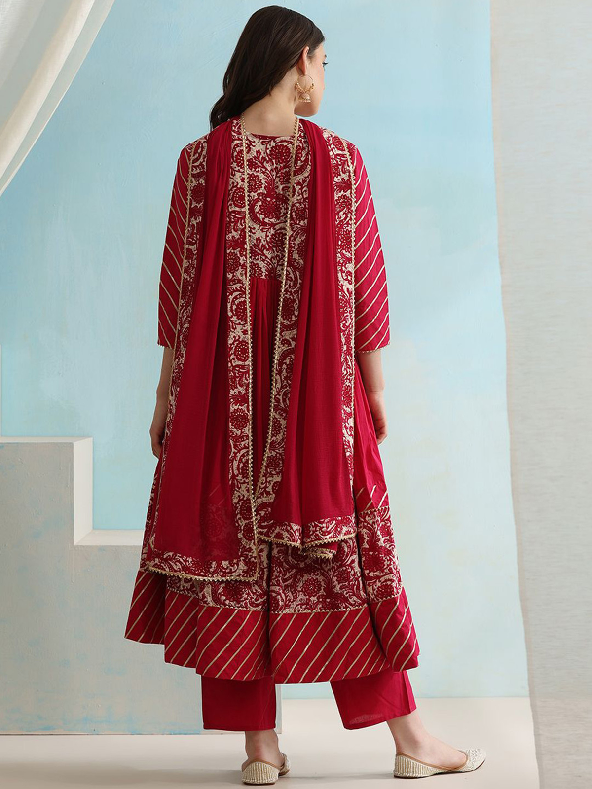 Floral Printed V-Neck Anarkali Kurta with Palazzos & Dupatta