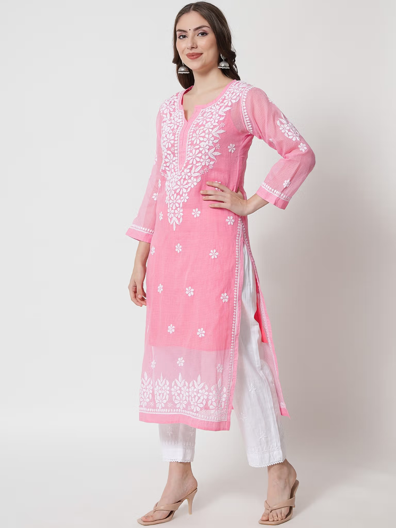 aromie pink embroidered kurta with three quarter sleeves and side slits paired with white pants printed viscose jumpsuit