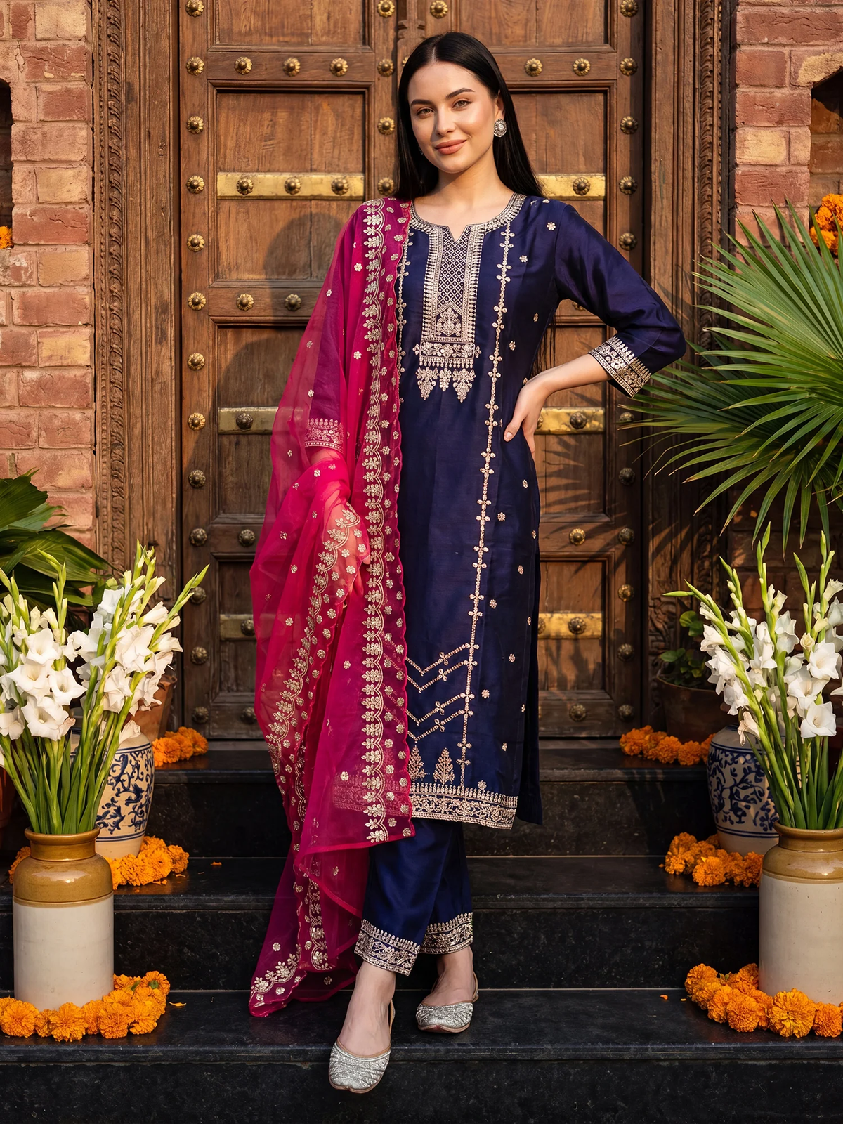 A woman models a traditional South Asian salwar kameez suit set consisting of a navy blue kurta with silver embroidery, matching navy trousers, and a bright magenta dupatta with gold zari embroidery, posed in front of a rustic wooden door.