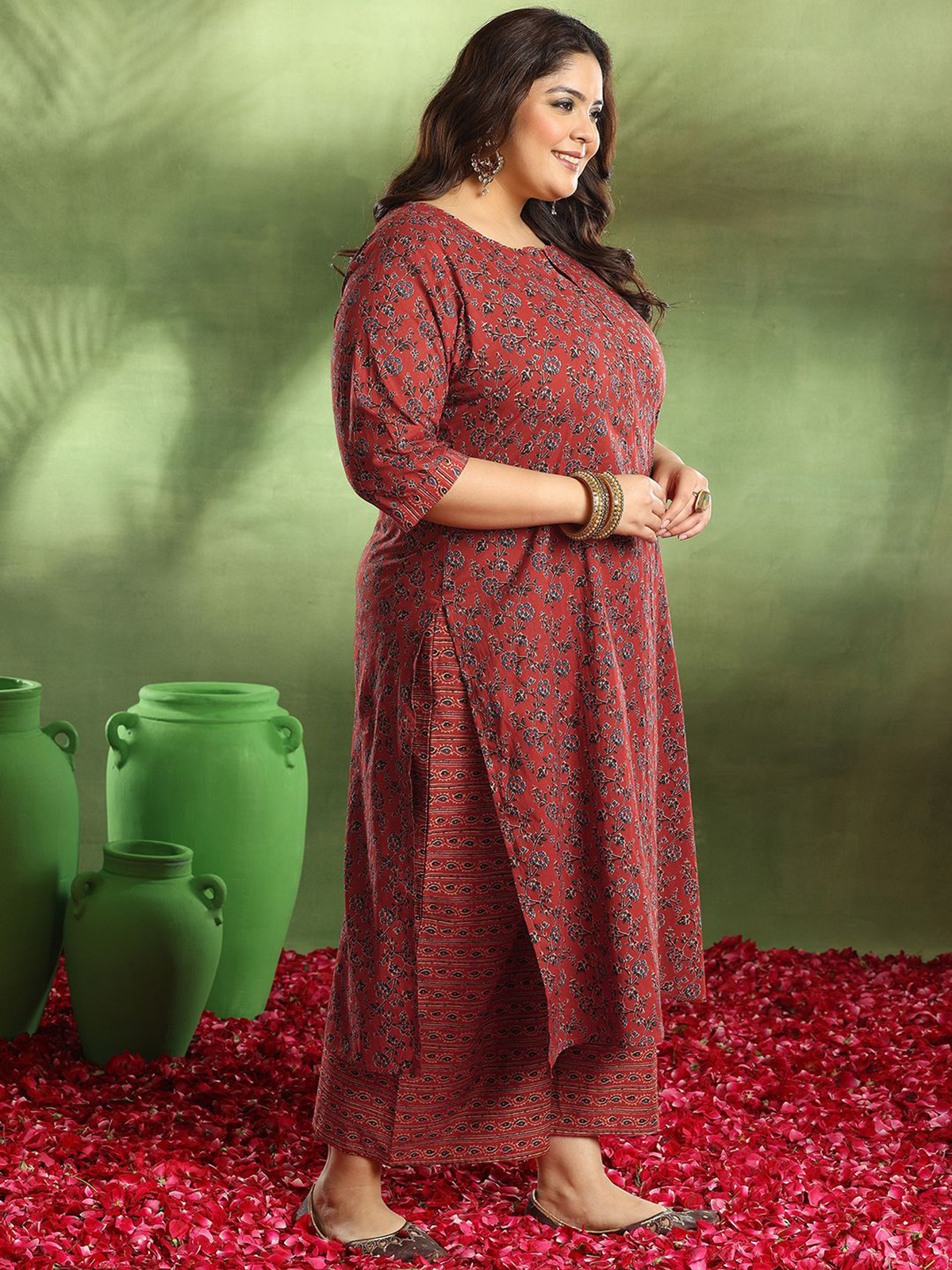Plus Size Rust Floral Kurta Set with Palazzos & Dupatta aromie