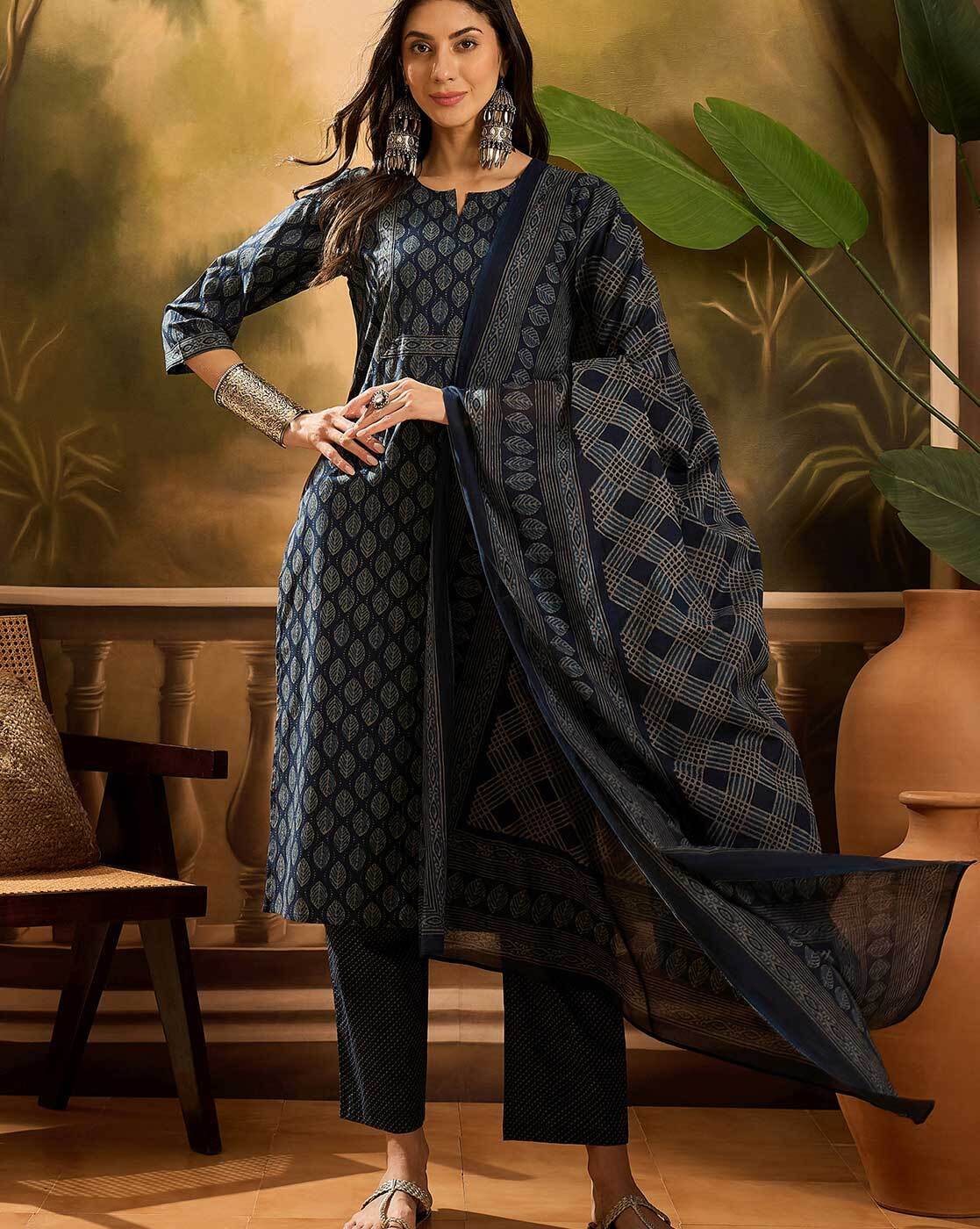 Aromie three piece set with Embroidered Georgette Anarkali Kurta navy printed kurta pant and matching dupatta