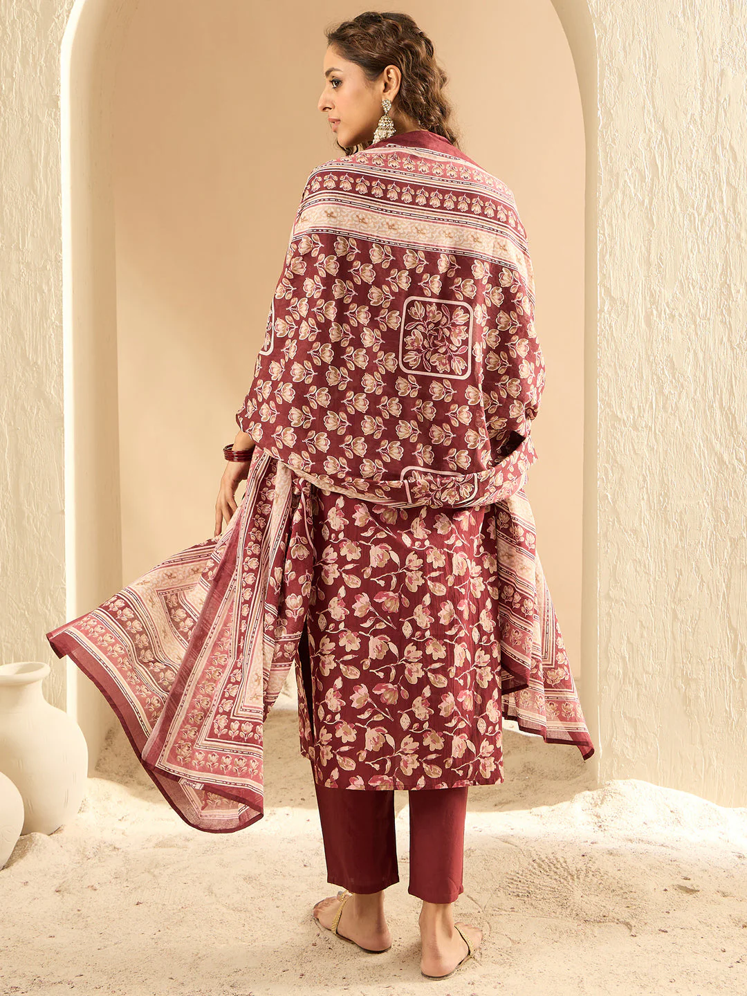 Maroon Printed Straight Kurta Trousers With Dupatta set