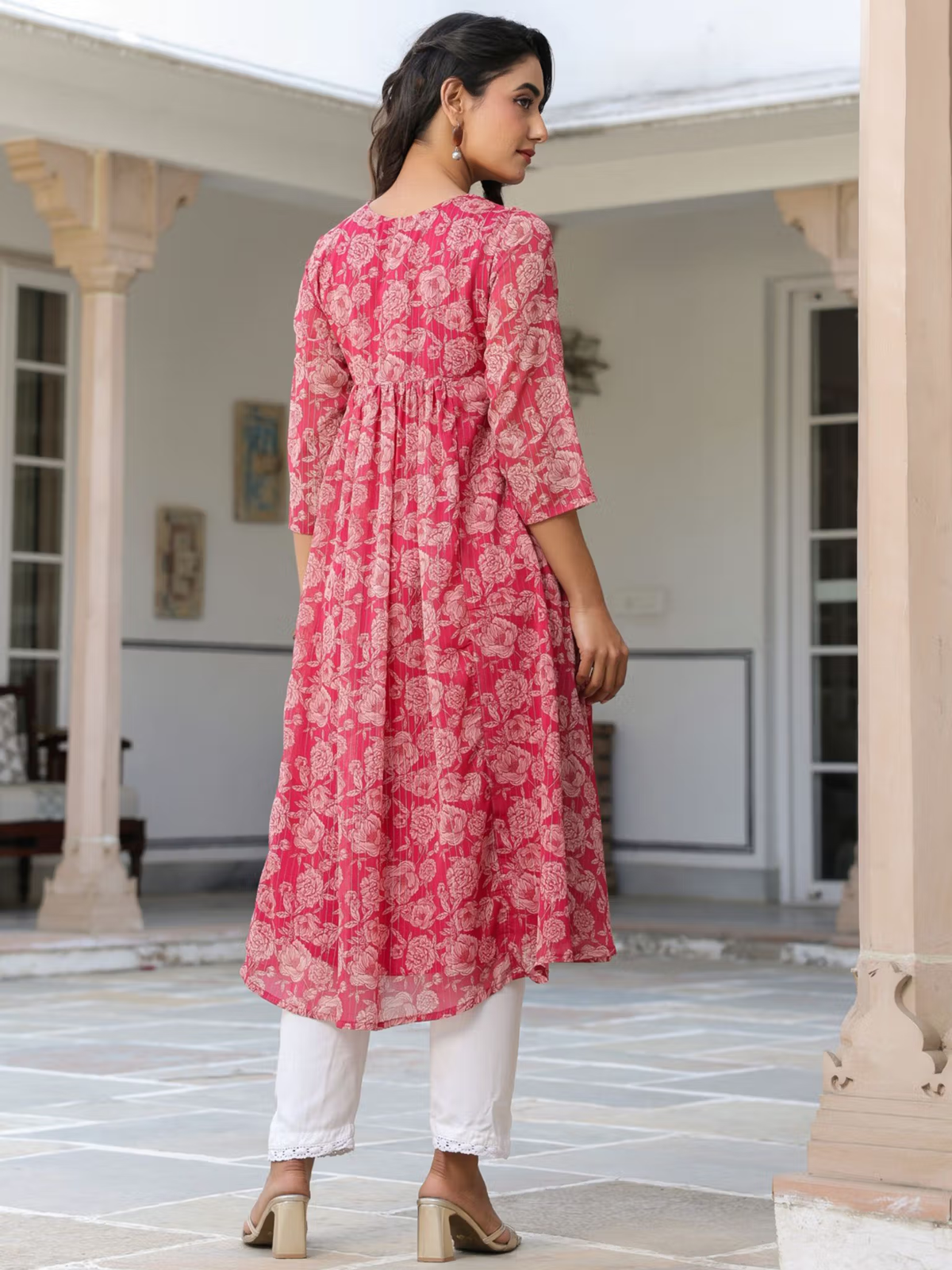 Womens Dark Pink Chiffon Lurex Floral Printed Flared Kurta