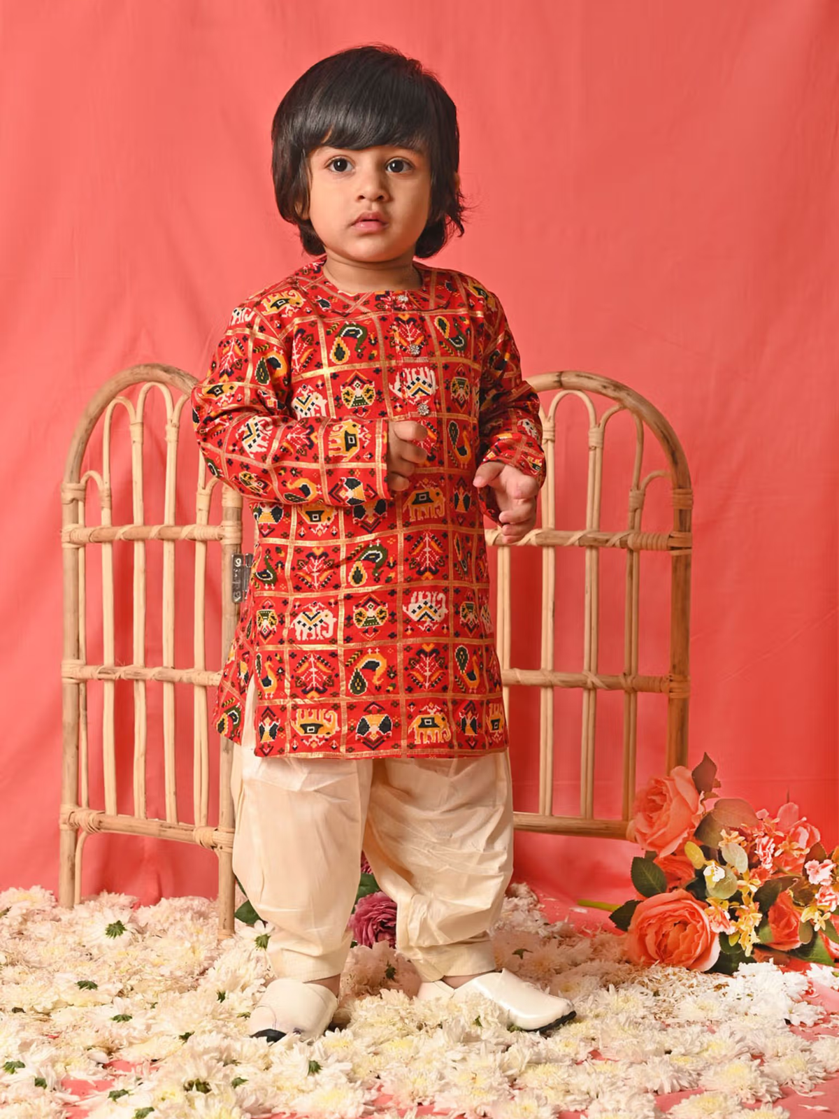 Infant Boys Red Rayon Kurta Patiala (Set of 2)