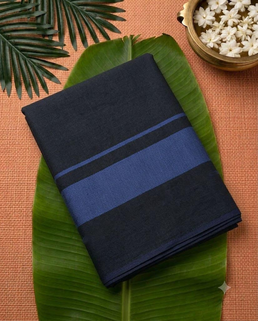 Classic Cream Kerala Mundu with black and blue border