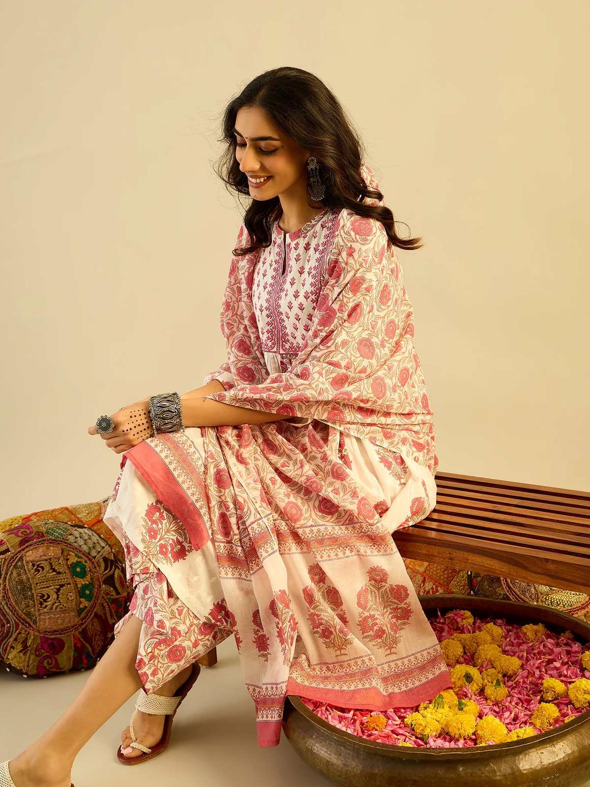 White Printed Pure Cotton Kurta Palazzo Set with Dupatta