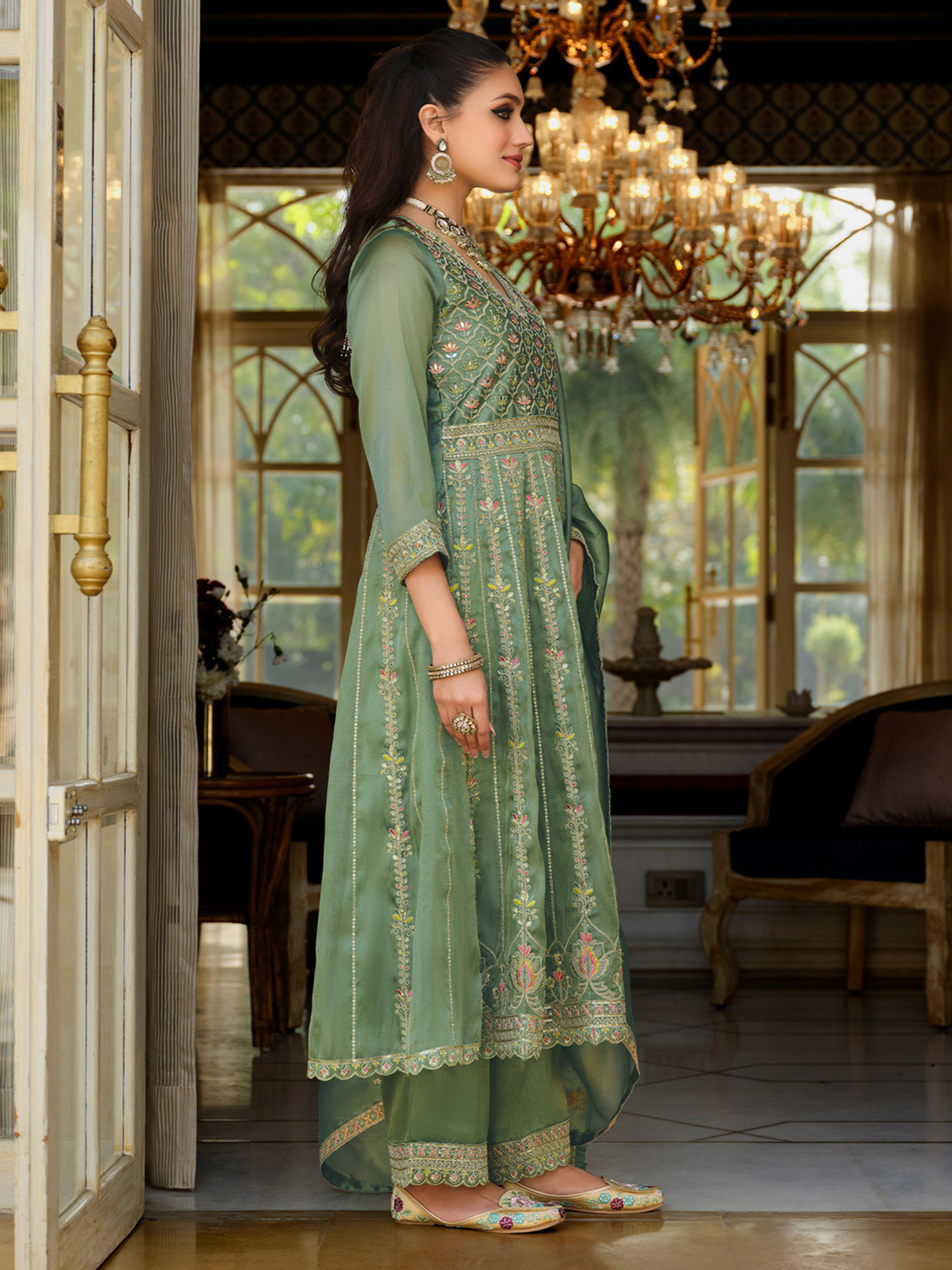 Green Embroidered Anarkali Kurta Set with Trousers & Dupatta