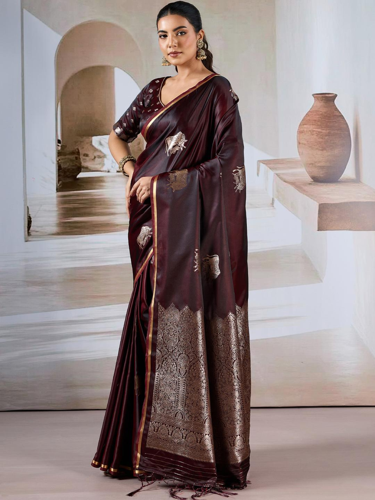 Maroon Banarasi Satin Saree with Ethnic Motif Weave & Zari Border