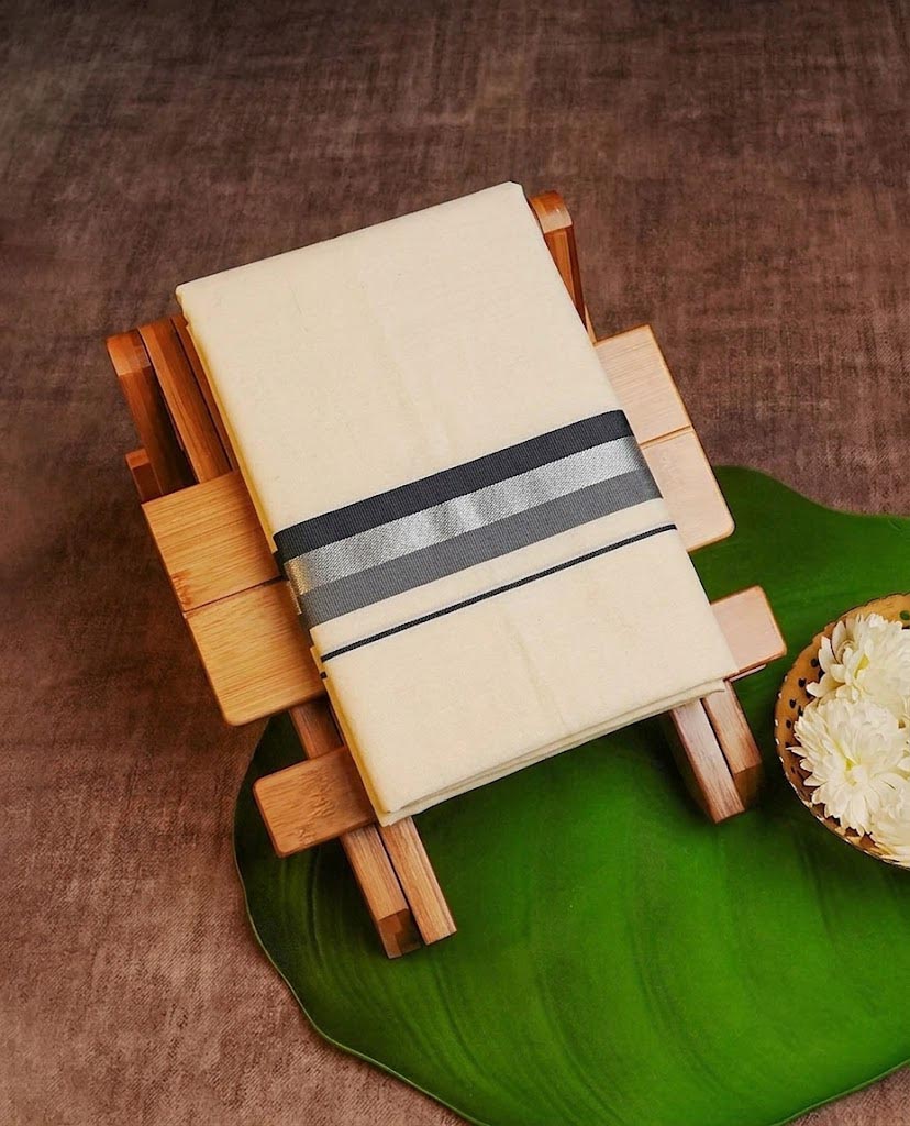 Classic Cream Kerala Mundu with Black &Silver  Border