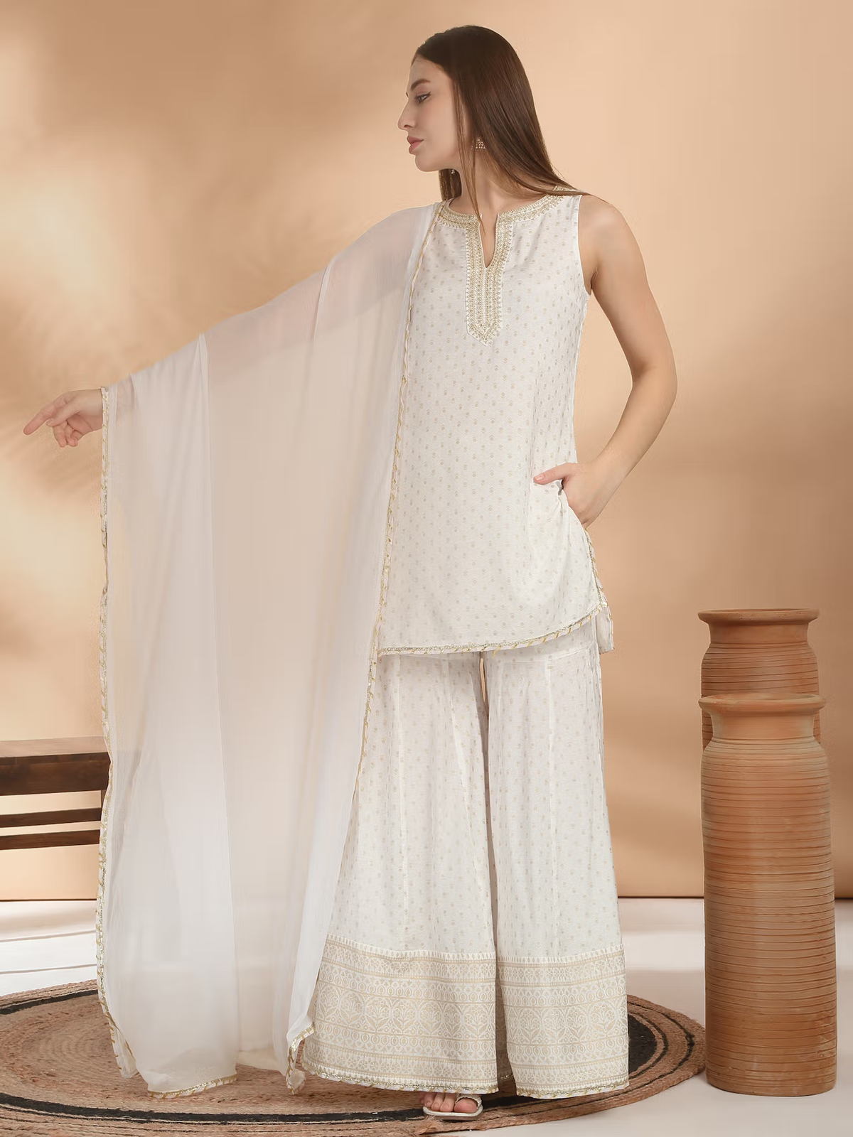 aromie three piece kurtha set with gold trim sleeveless kurta wide palazzo pants sheer dupatta embroidered Anarkali suit Canada