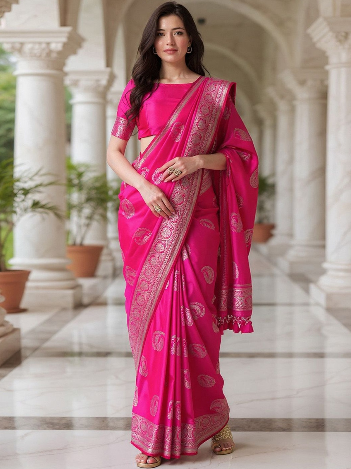 Pink Banarasi Silk Blend Saree with Paisley Woven Design & Zari Border