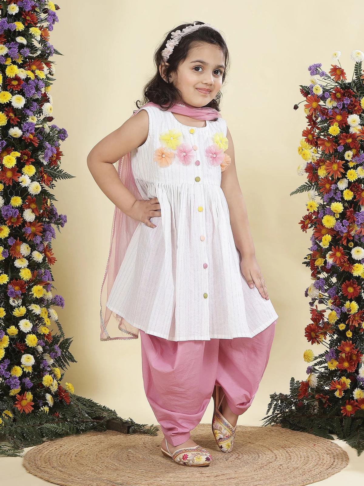 Multi Color Striped Floral handwork Cotton Kurta Salwar Set