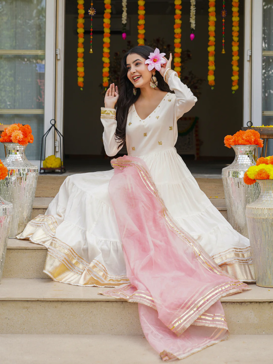 Cream Mulmul Cotton Festive Suit Set with Palazzo & Dupatta