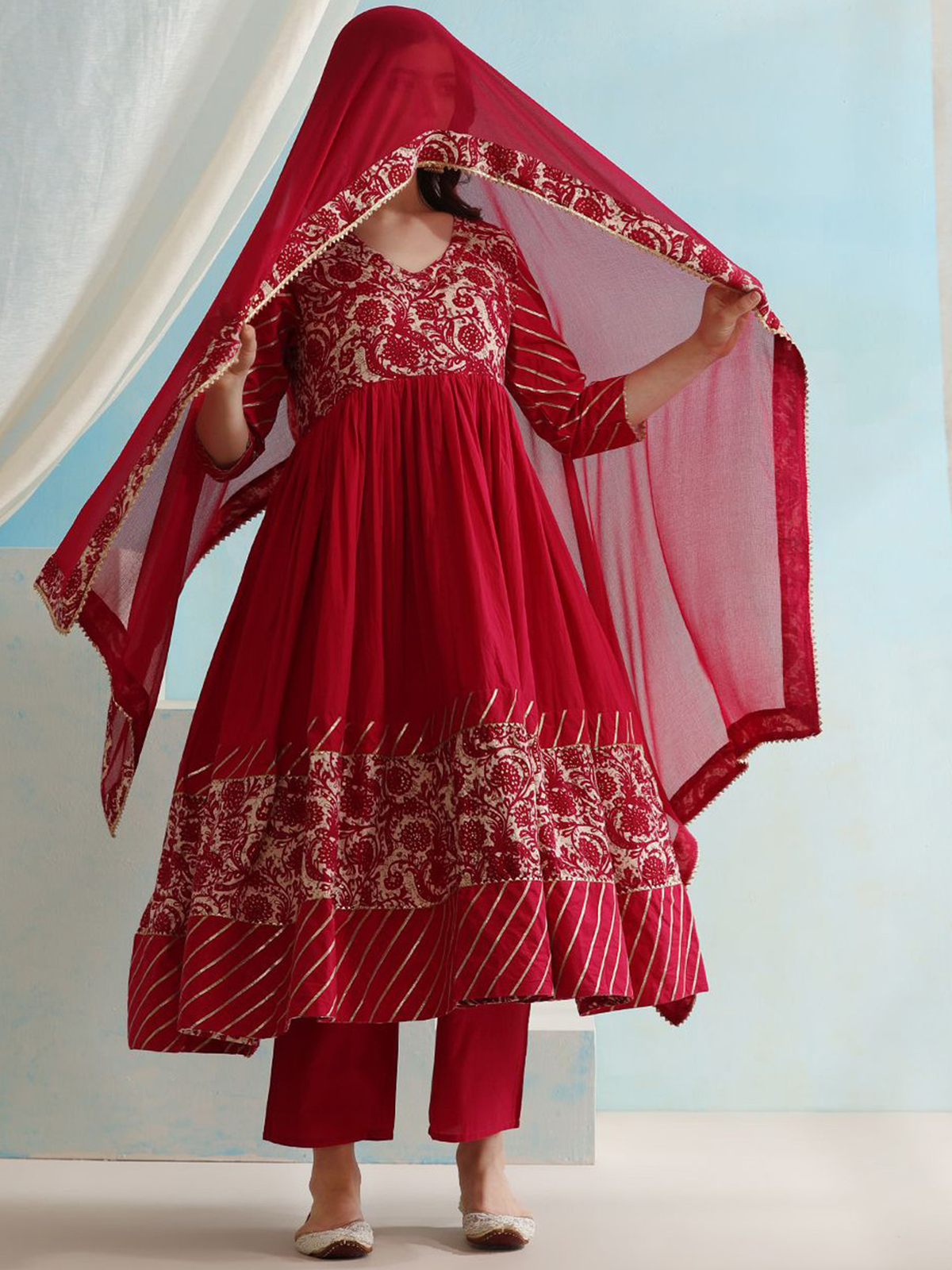 Floral Printed V-Neck Anarkali Kurta with Palazzos & Dupatta