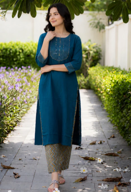 A woman wearing a teal blue kurta with gold embroidery and patterned trousers, standing on a stone pathway surrounded by green hedges and plants.