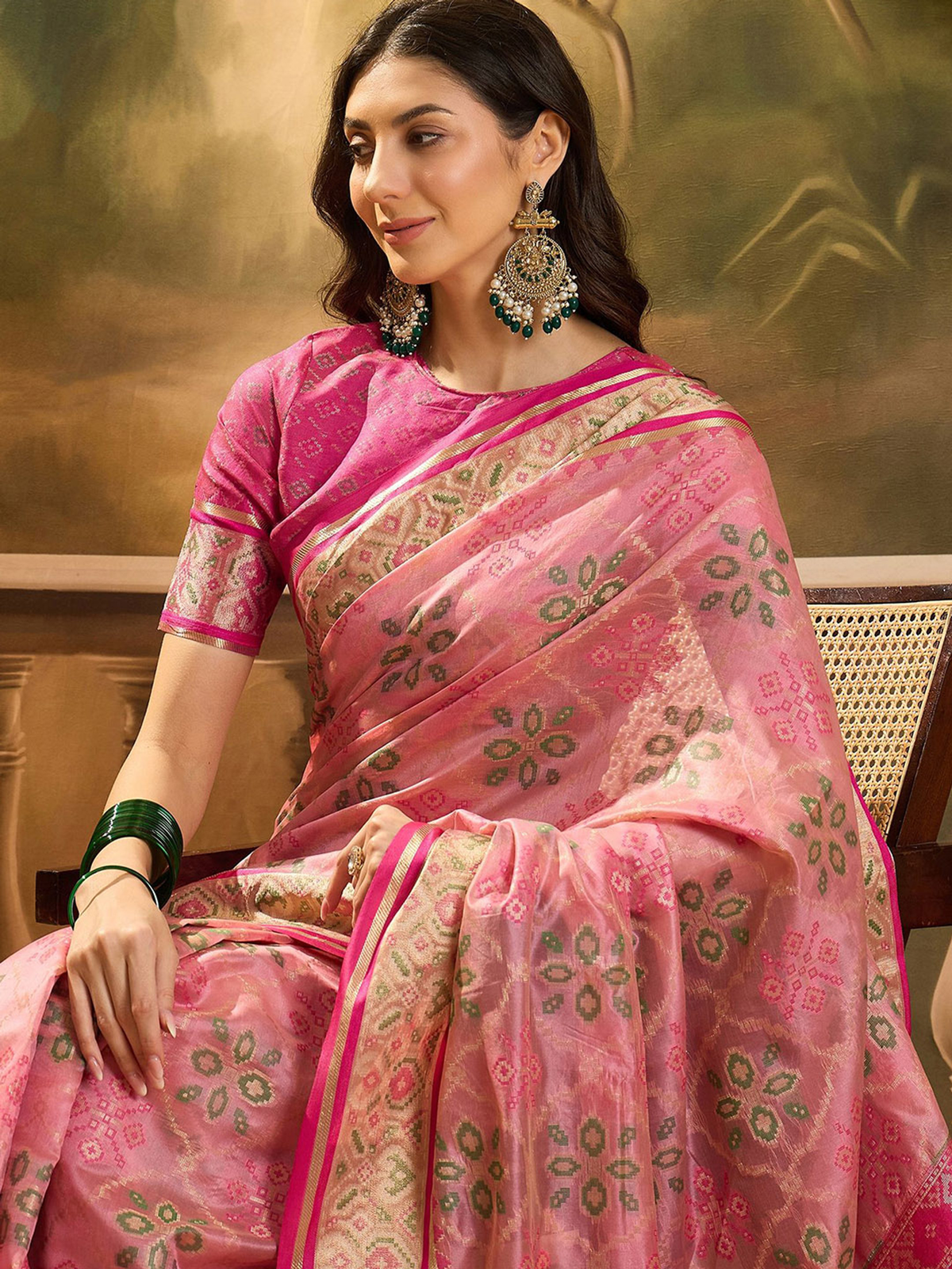 Pink Patola Organza Saree with Woven Design Border & Blouse Piece