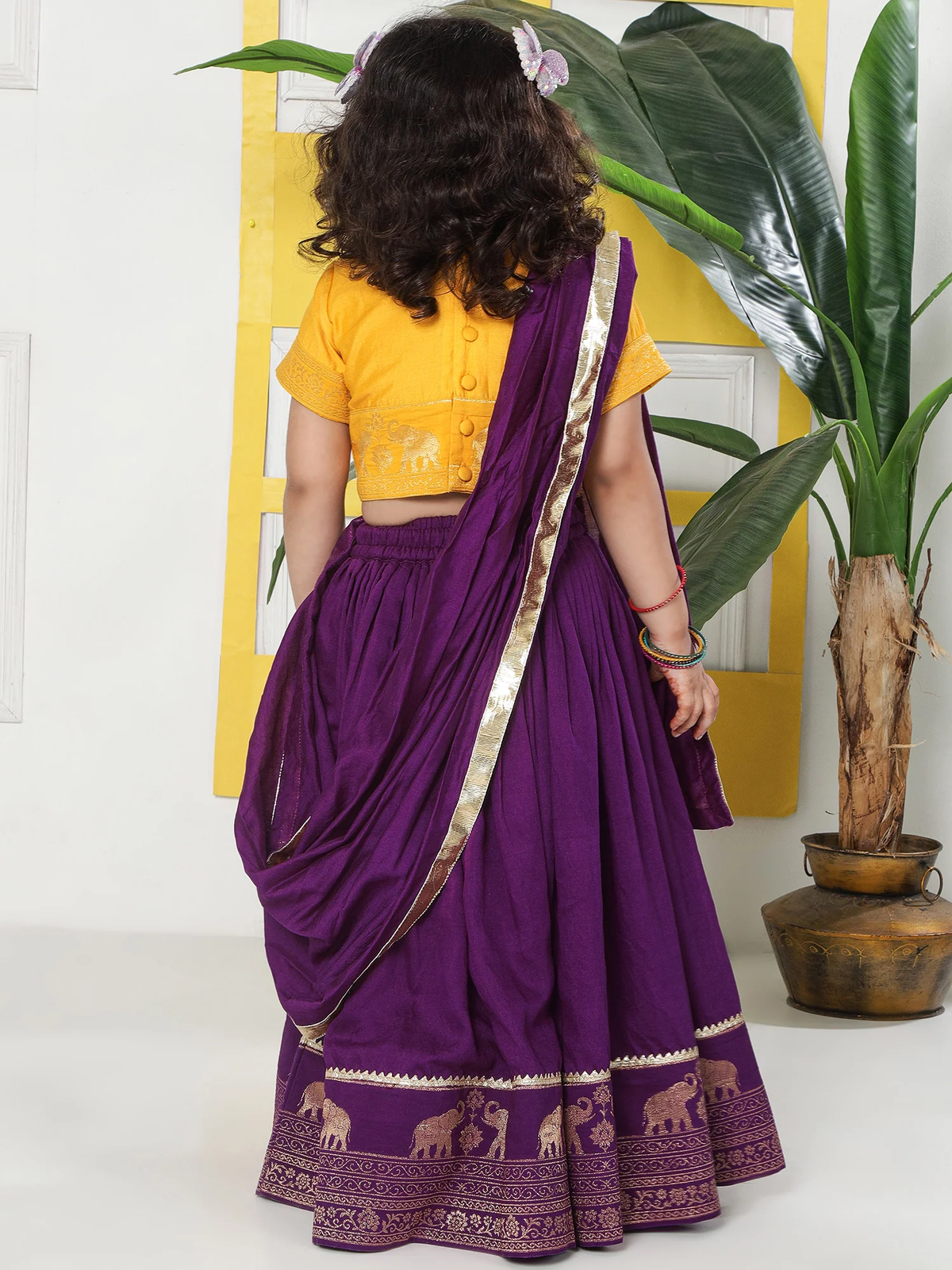 Purple Elephant Zari Embroidery Chanderi Cotton Lehenga with Stitched Yellow Blouse Set