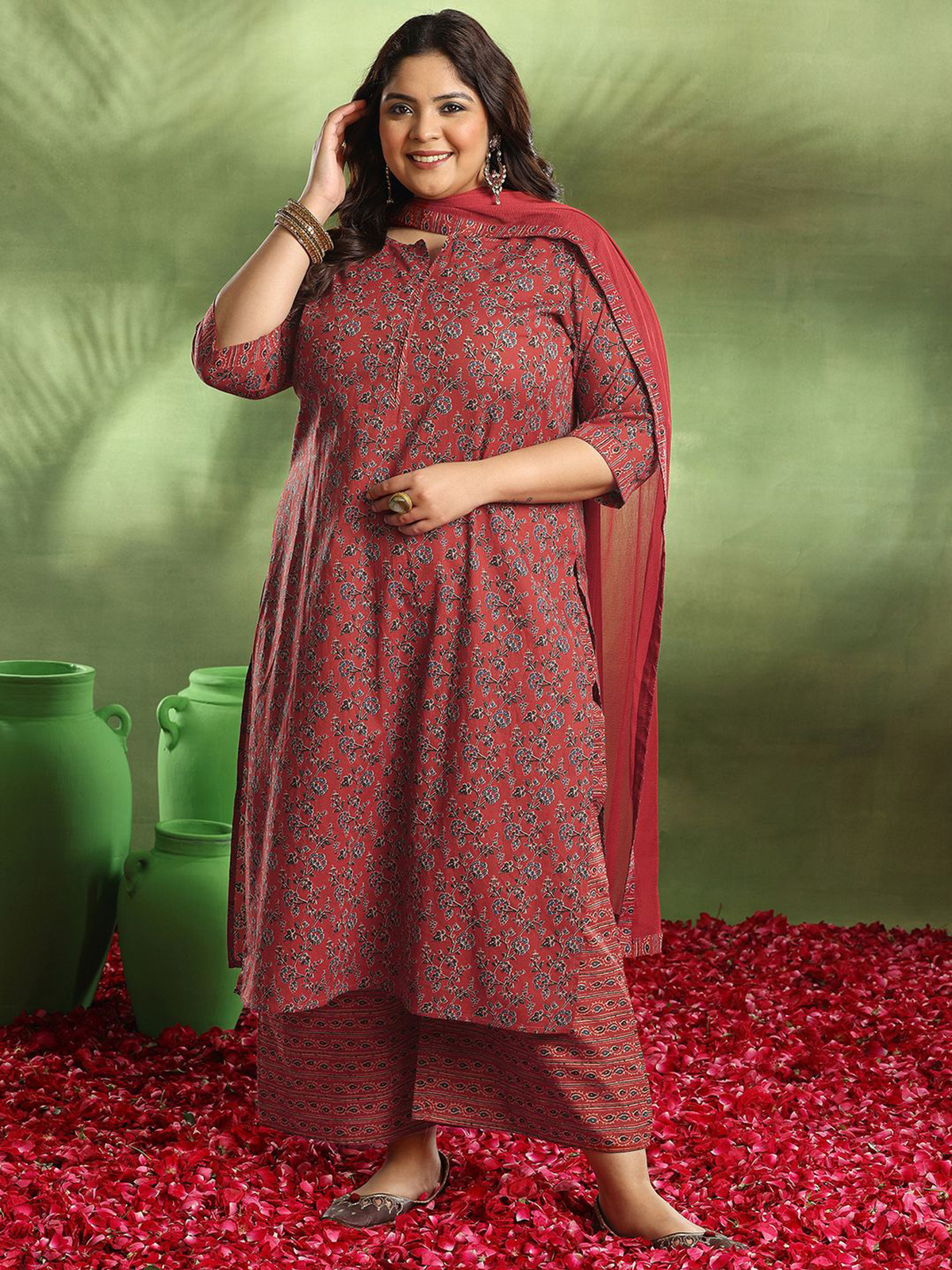 Plus Size Rust Floral Kurta Set with Palazzos & Dupatta aromie
