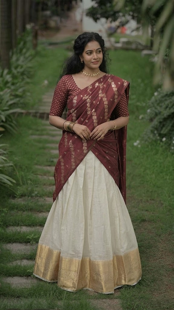 Ready-to-Wear Semi Silk Dhavani Set with Pavada and Stitched Blouse AROMIE