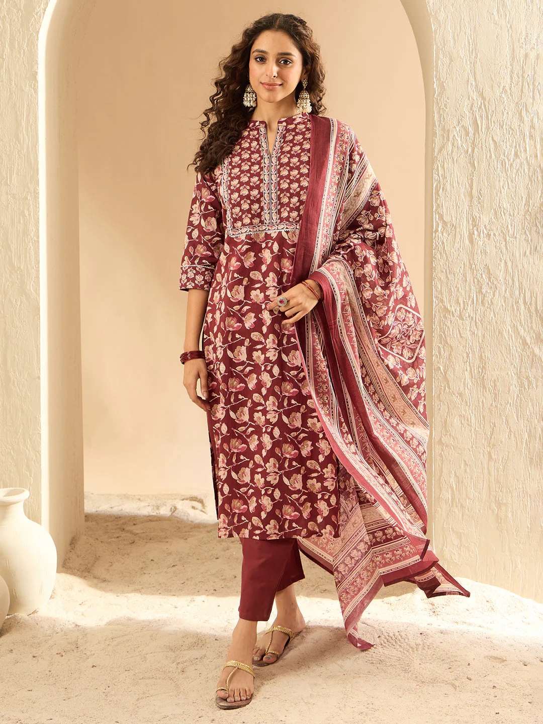 Maroon Printed Straight Kurta Trousers With Dupatta set