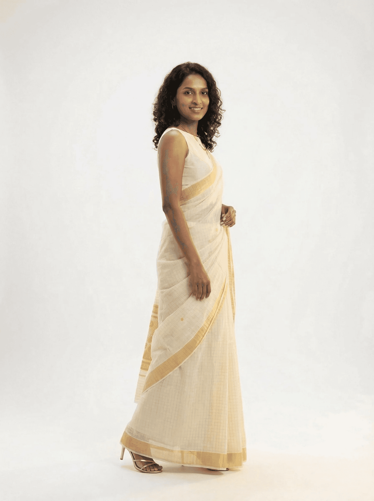 Cotton Cream Saree with Small Checked Pattern Set Saree