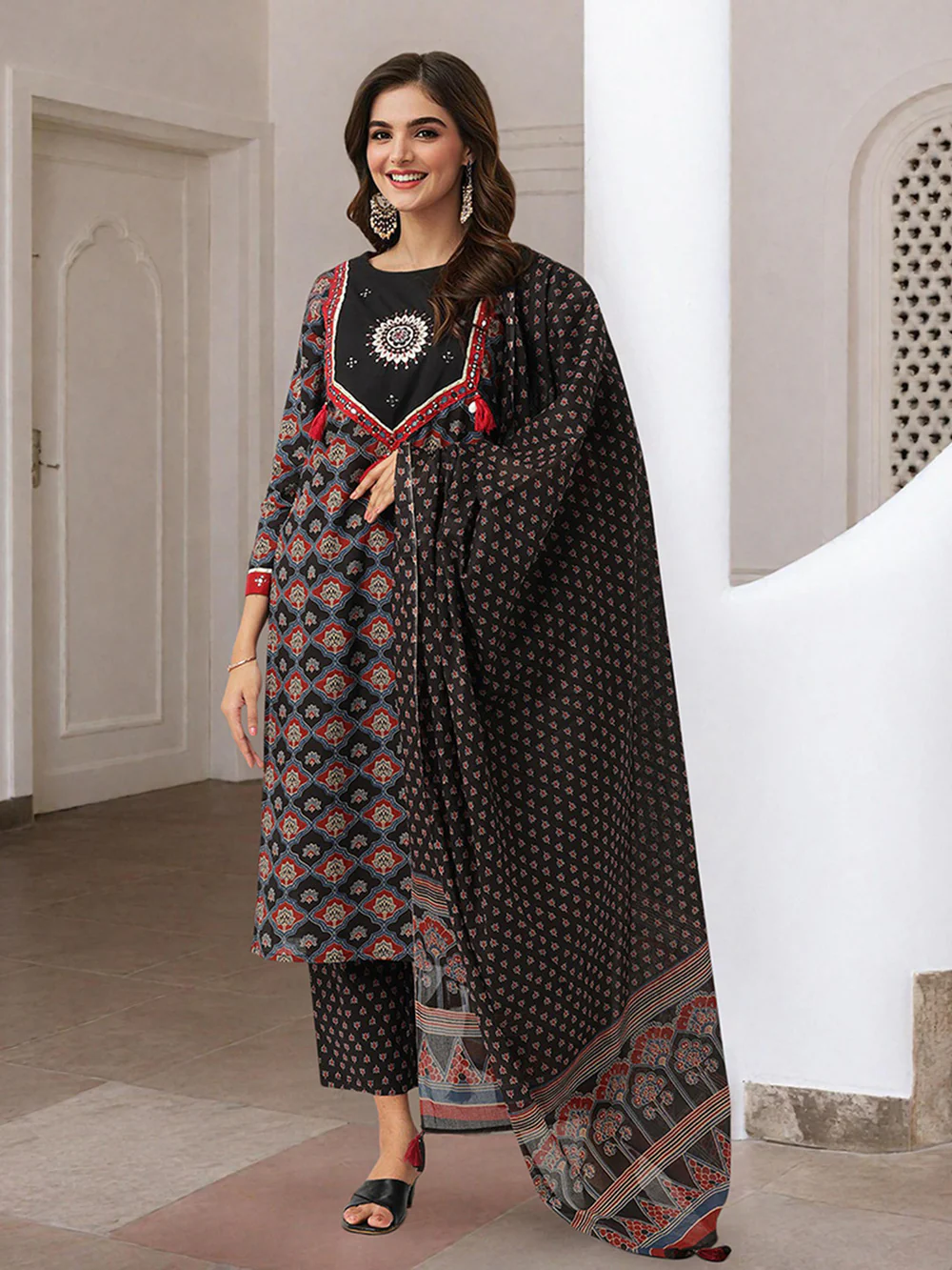 Comfy Black Pure Cotton Ajrakh Print Straight fit kurta set with dupatta