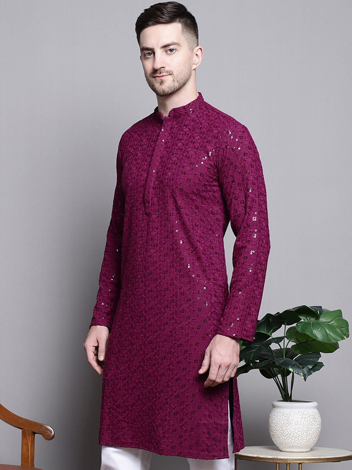 Men’s Purple Embroidered Cotton Kurta AROMIE | Affordable Indian Clothes & Dresses in Canada