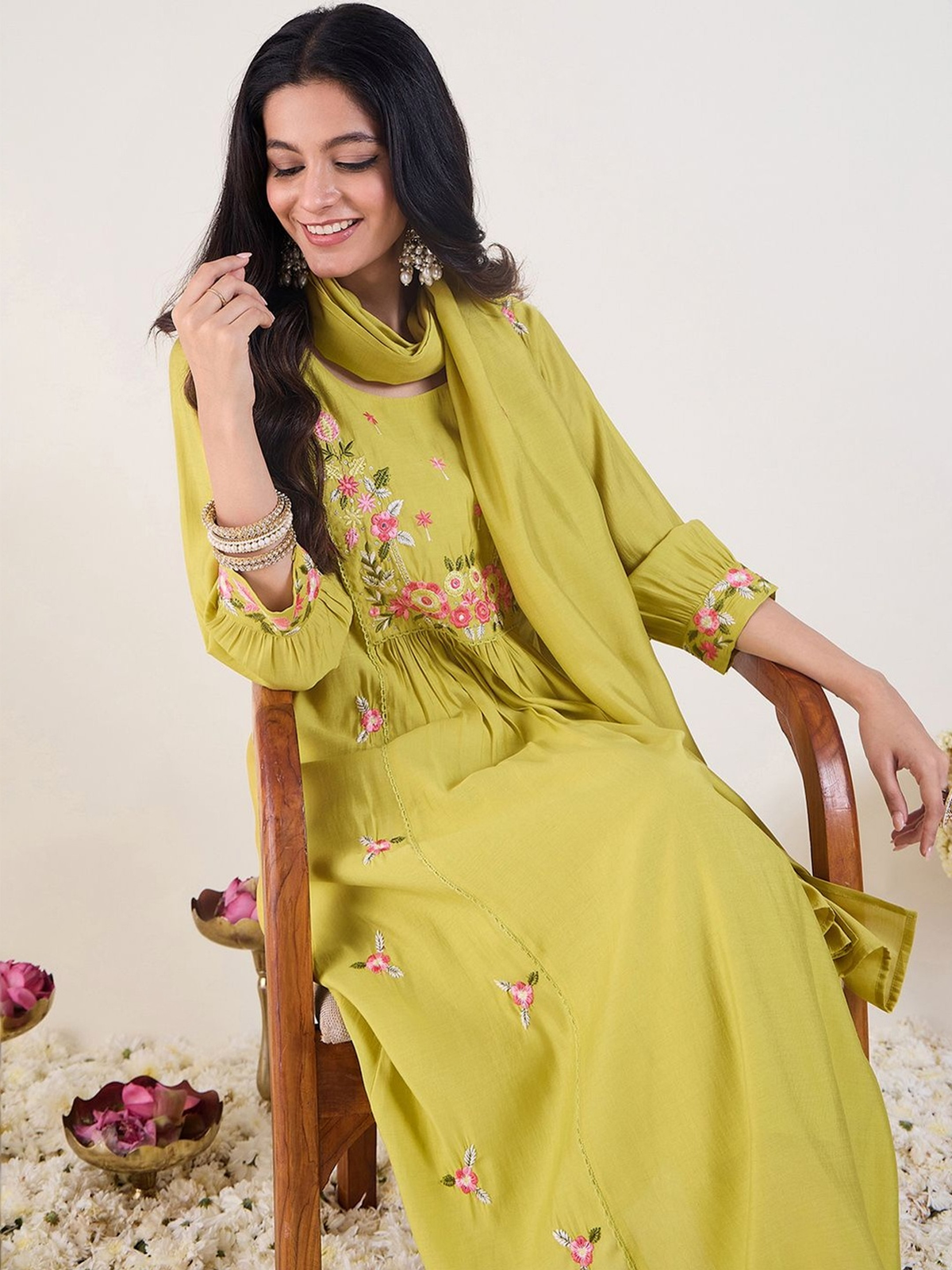 Green Embroidered A-Line Kurta Set with Trousers & Dupatta