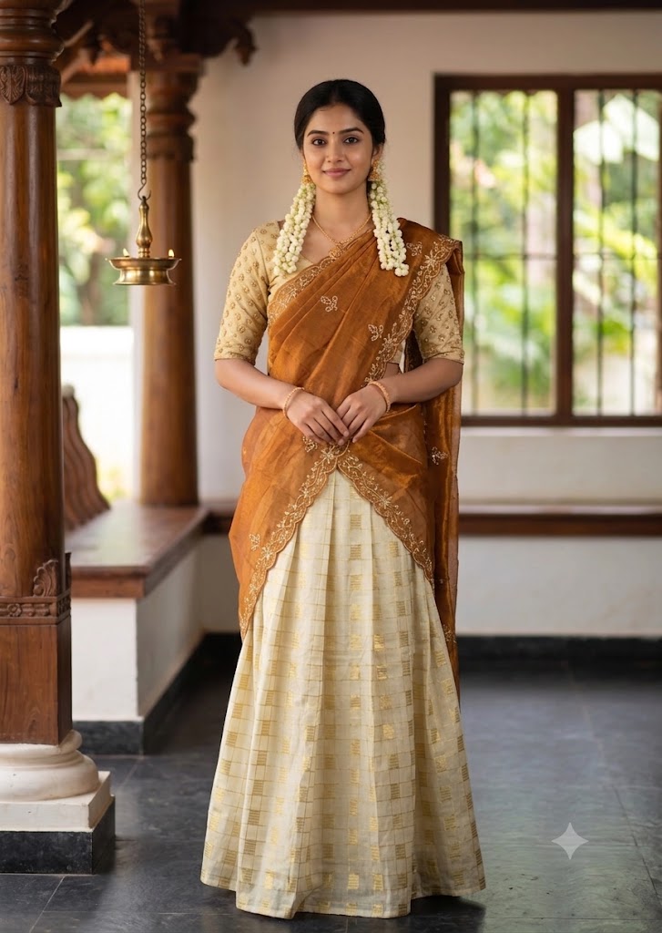 Ready-to-Wear Semi Silk Dhavani Set with Pavada and Stitched Blouse