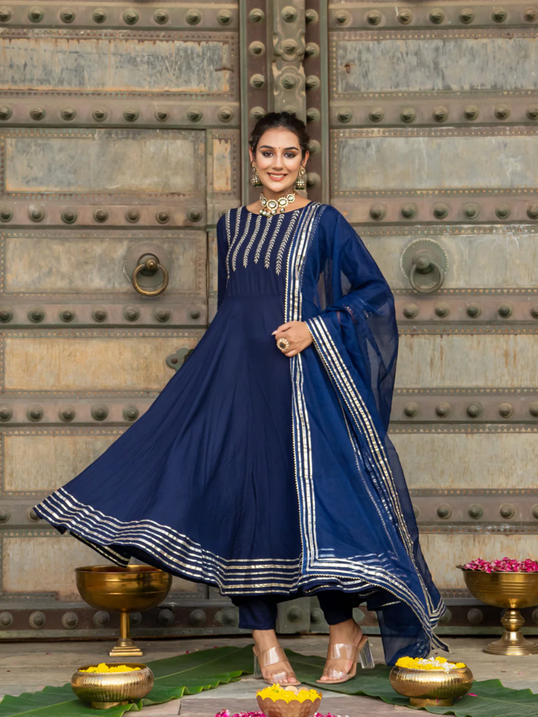 Navy Blue Rayon Festive Suit Set with Dupatta