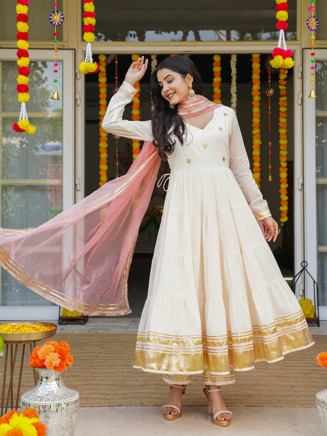 Cream Mulmul Cotton Festive Suit Set with Palazzo & Dupatta