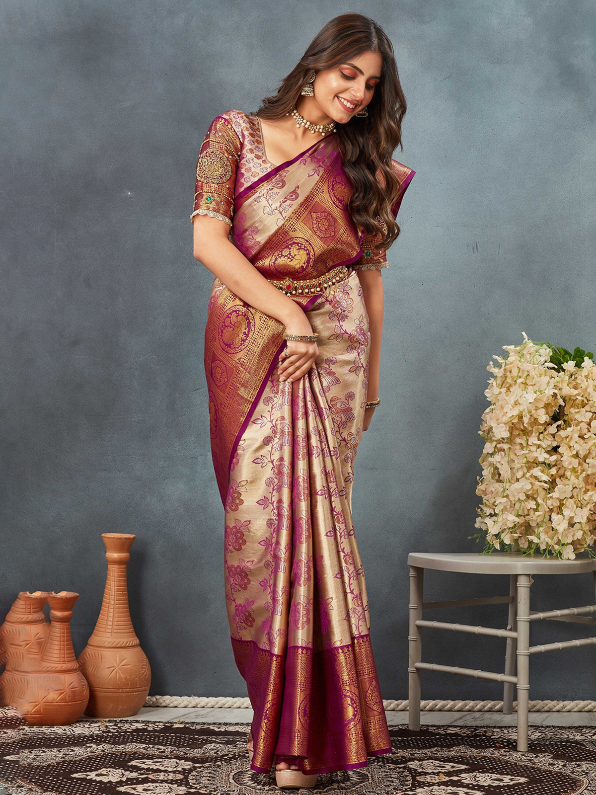 Purple & Gold Dharmavaram Silk Blend Saree with Zari Woven Border