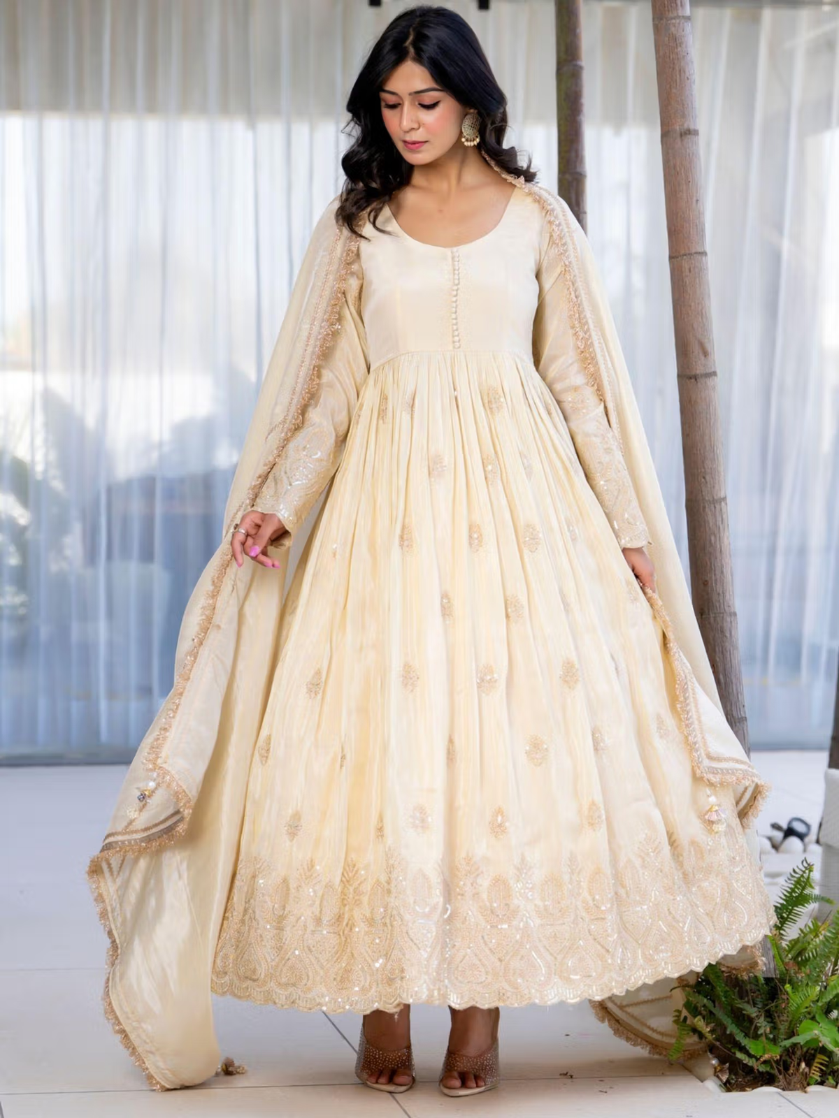 Aromie three piece Kurtha ivory embroidered Anarkali with dupatta and gold detailing bright red floral co-ord set